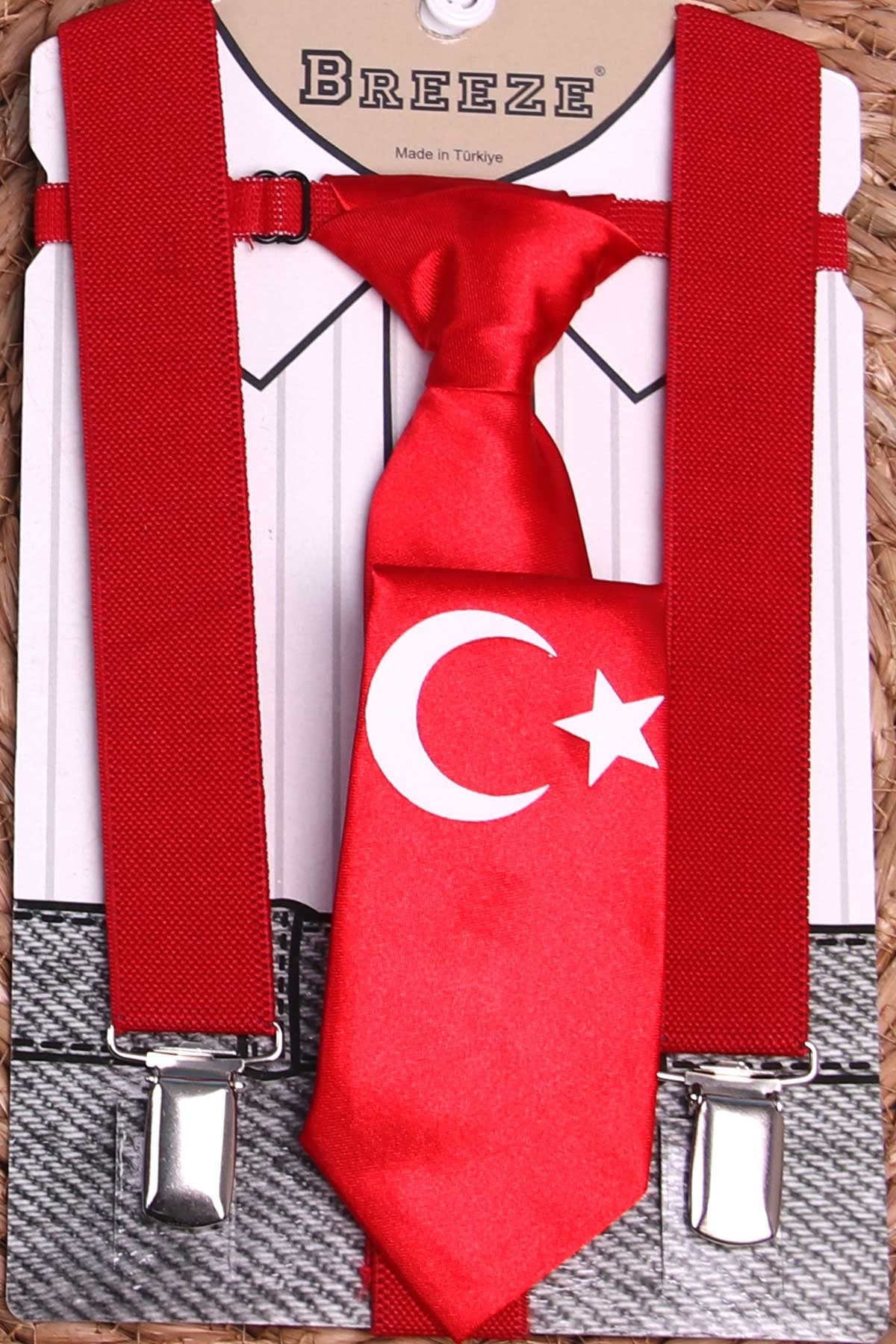 Breeze Erkek Çocuk Kravatlı Pantolon Askısı Ay Yıldızlı Kırmızı (1-10 Yaş)