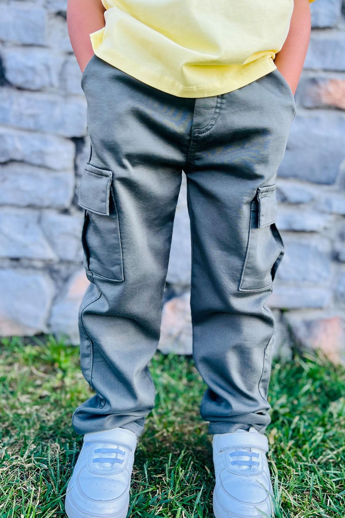 Breeze Erkek Çocuk Pantolon Kargo Cepli Beli Lastikli Haki Yeşil (6-10 Yaş)