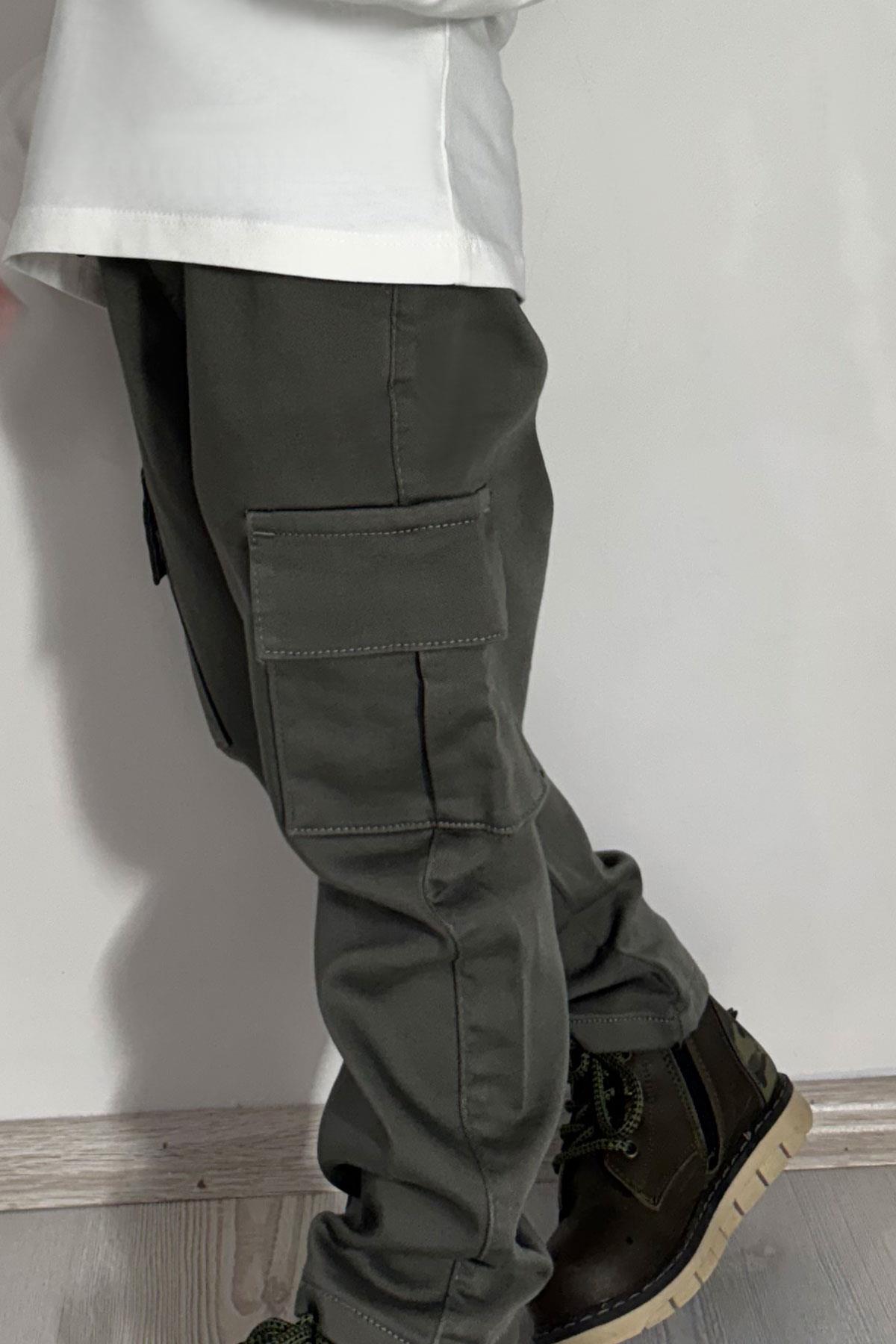 Breeze Erkek Çocuk Pantolon Kargo Cepli Beli Lastikli Haki Yeşil (6-10 Yaş)