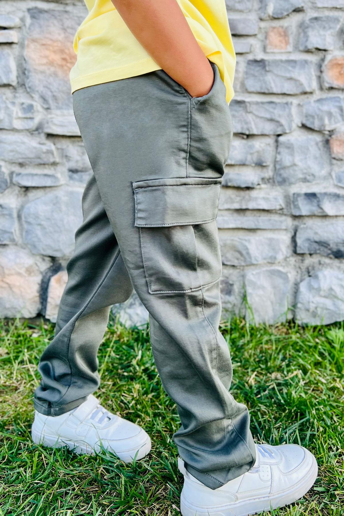 Breeze Erkek Çocuk Pantolon Kargo Cepli Beli Lastikli Haki Yeşil (6-10 Yaş)