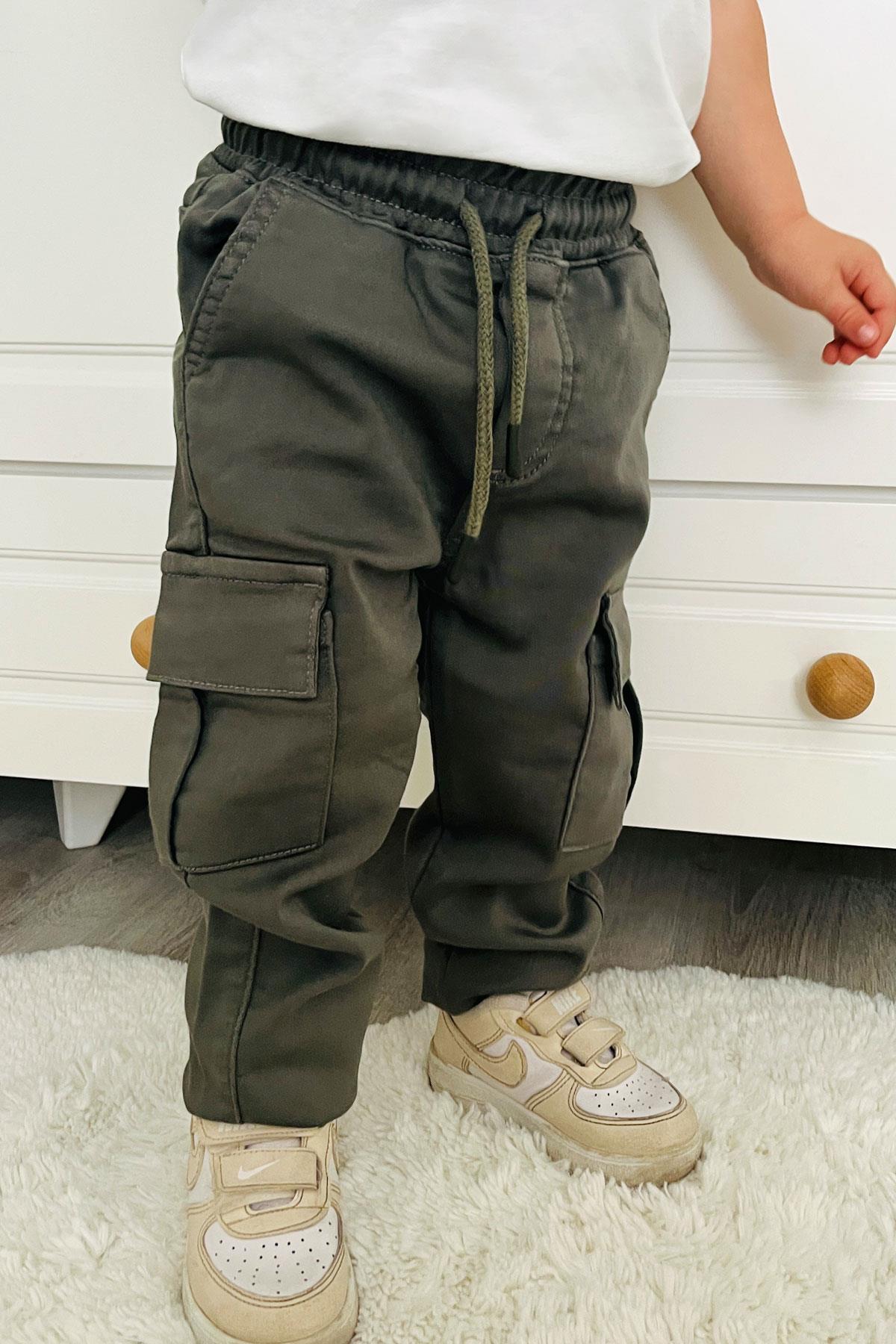 Breeze Erkek Çocuk Pantolon Kargo Cepli Beli Lastikli Haki Yeşil (1.5-5 Yaş)