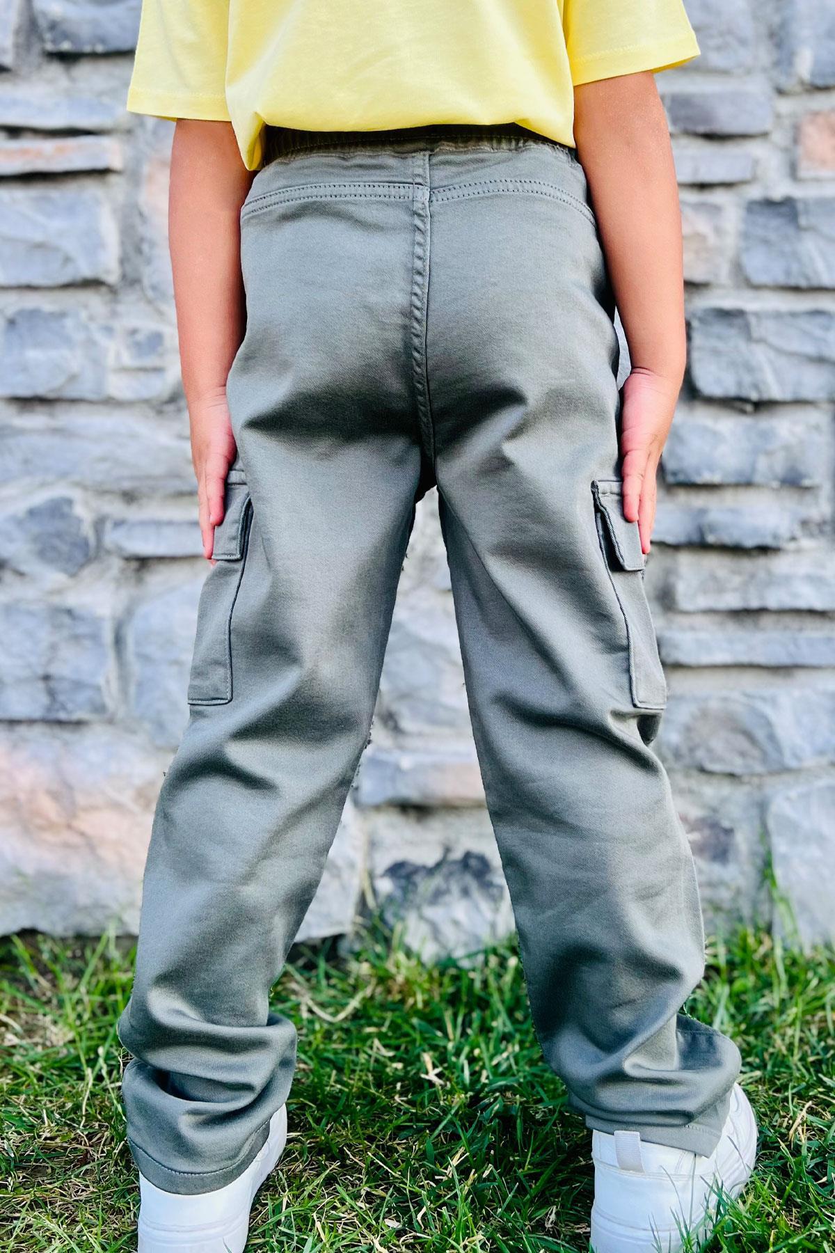 Breeze Erkek Çocuk Pantolon Kargo Cepli Beli Lastikli Haki Yeşil (6-10 Yaş)