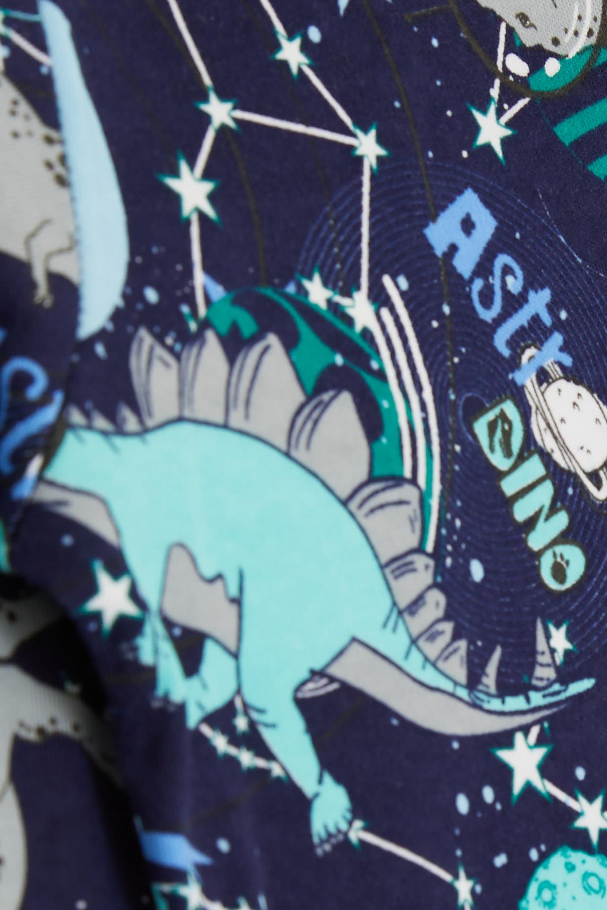 Breeze Erkek Çocuk Pijama Takımı Astronot Dinozor Desenli Lacivert (4-8 Yaş)