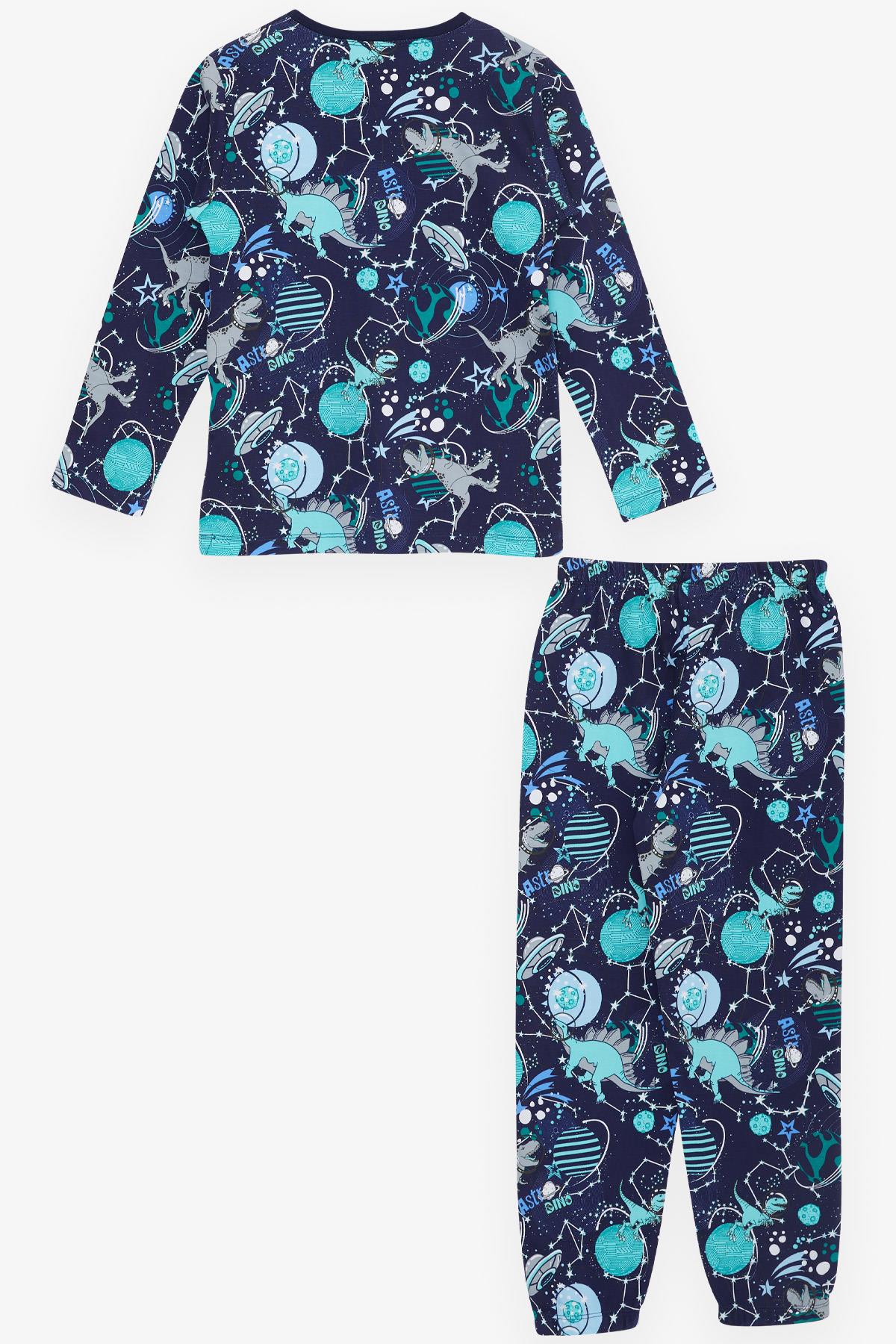 Breeze Erkek Çocuk Pijama Takımı Astronot Dinozor Desenli Lacivert (4-8 Yaş)