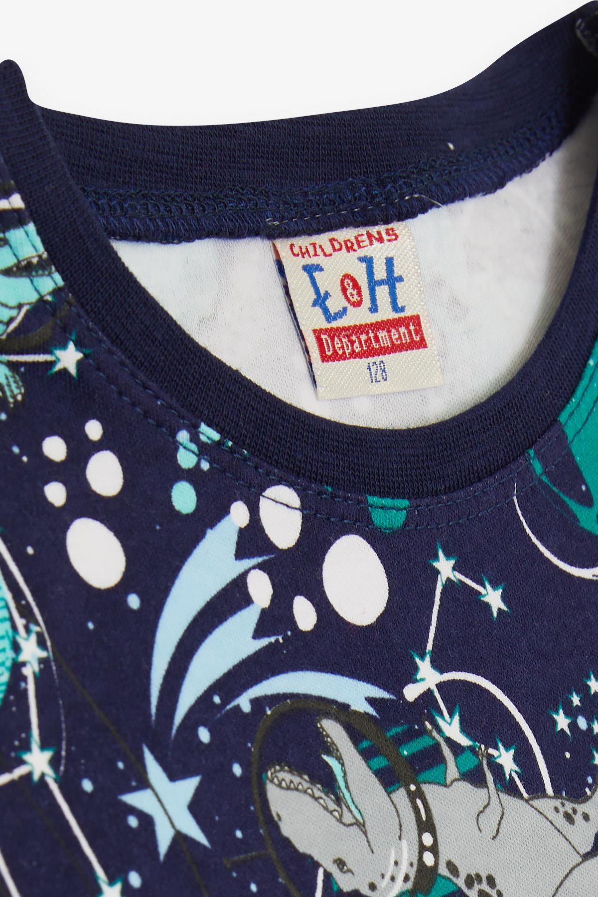 Breeze Erkek Çocuk Pijama Takımı Astronot Dinozor Desenli Lacivert (4-8 Yaş)
