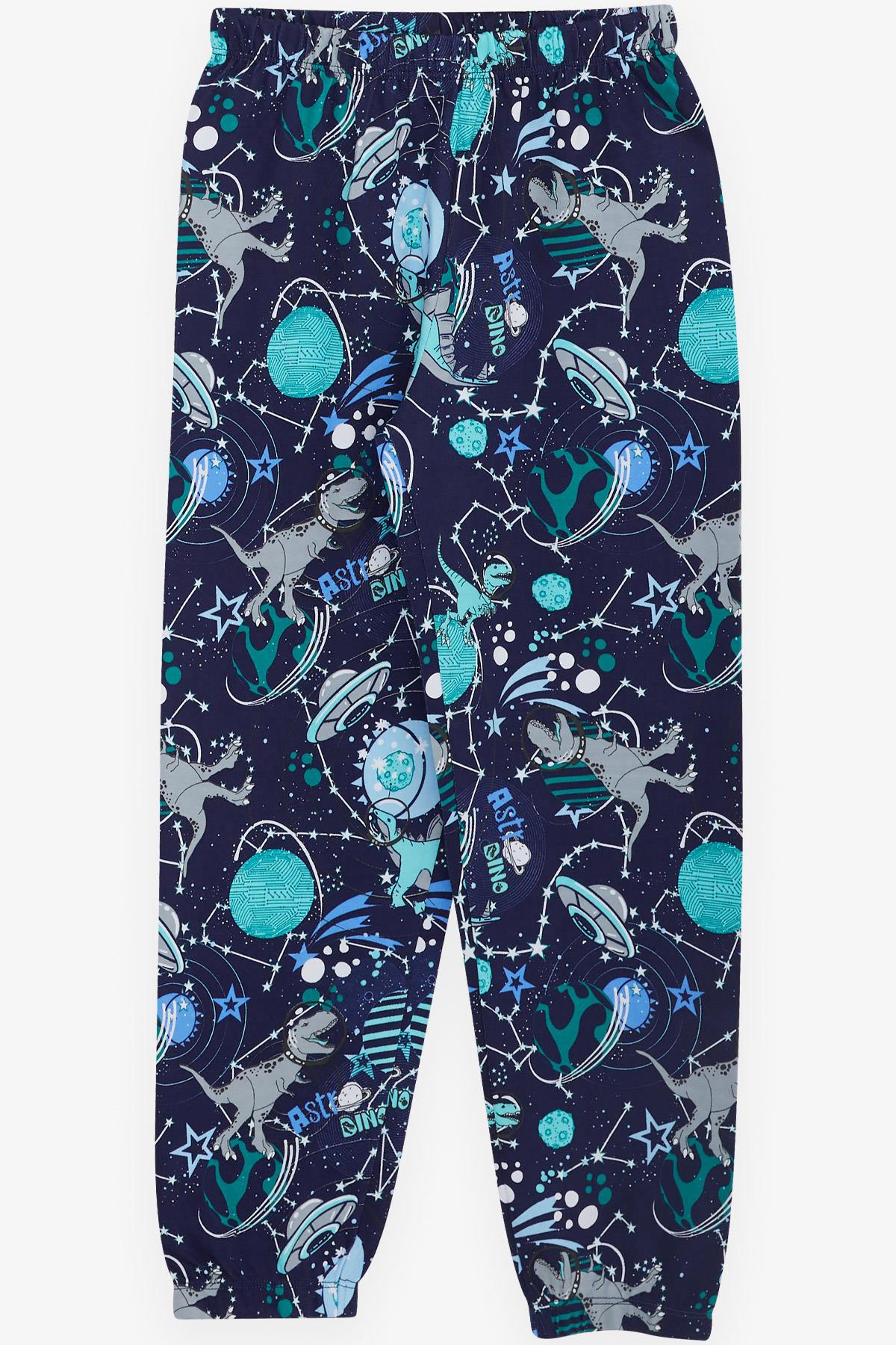 Breeze Erkek Çocuk Pijama Takımı Astronot Dinozor Desenli Lacivert (4-8 Yaş)