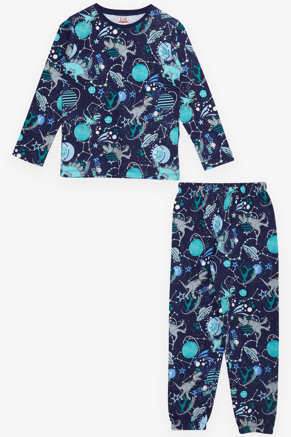 Breeze Erkek Çocuk Pijama Takımı Astronot Dinozor Desenli Lacivert (4-8 Yaş)