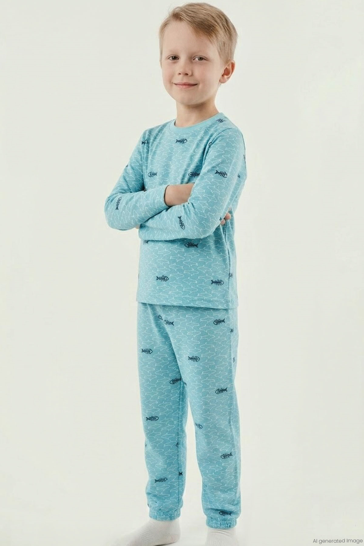 Breeze Erkek Çocuk Pijama Takımı Deniz Temalı Köpekbalığı Desenli Turkuaz (4-8 Yaş)