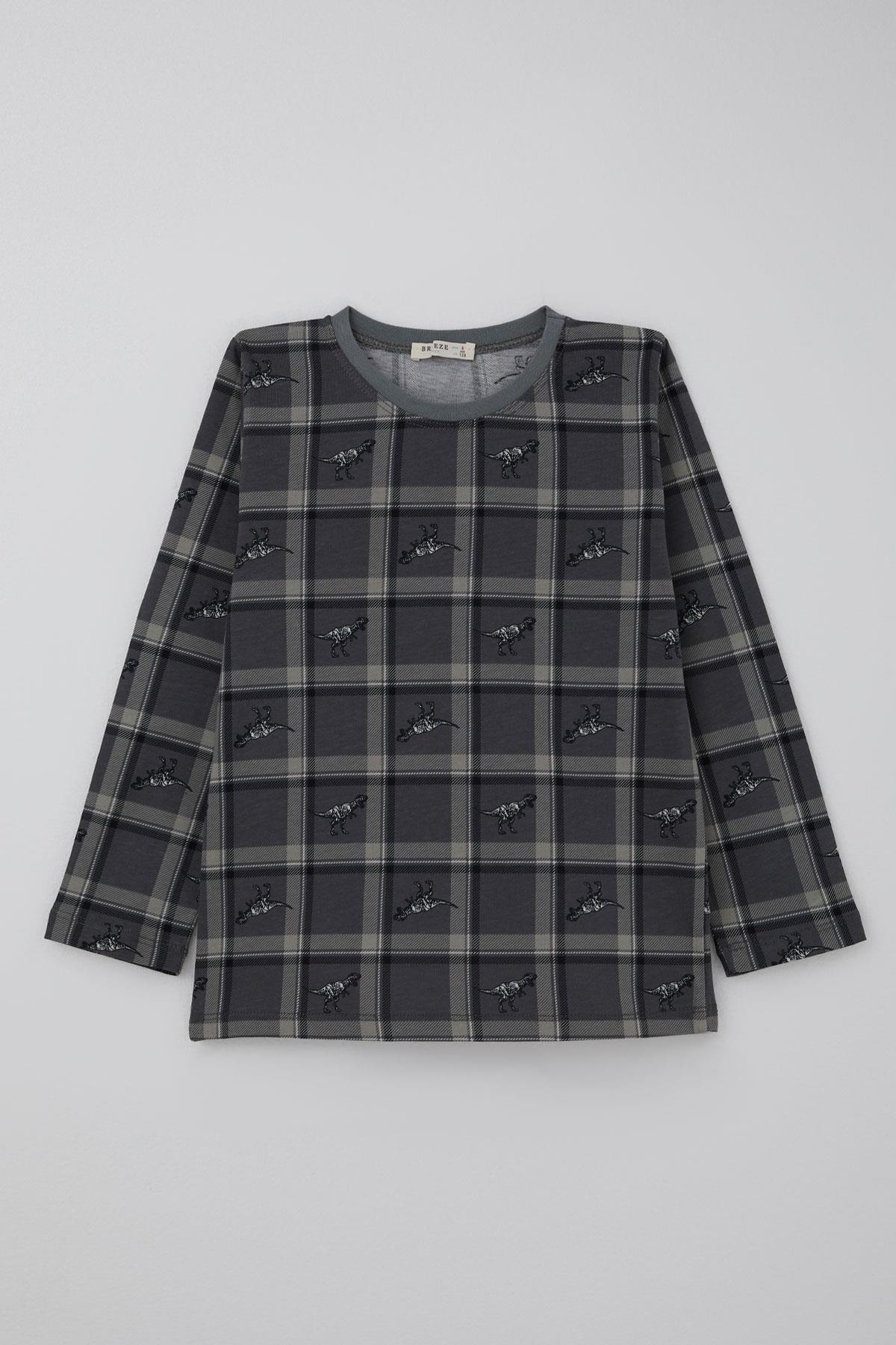 Breeze Erkek Çocuk Pijama Takımı Dinozor Krallığı Ekose Desenli Gri (4-8 Yaş)