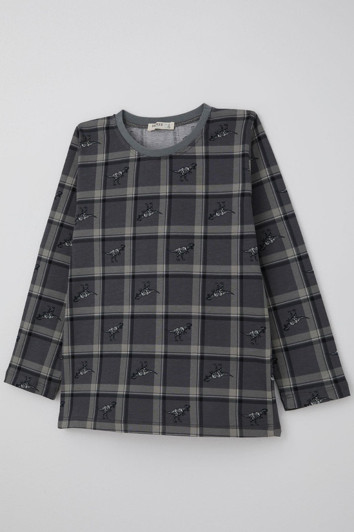 Breeze Erkek Çocuk Pijama Takımı Dinozor Krallığı Ekose Desenli Gri (4-8 Yaş)