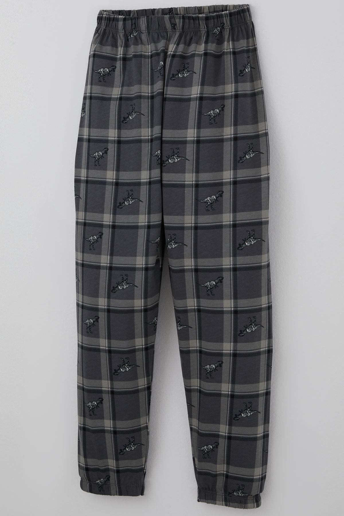 Breeze Erkek Çocuk Pijama Takımı Dinozor Krallığı Ekose Desenli Gri (4-8 Yaş)