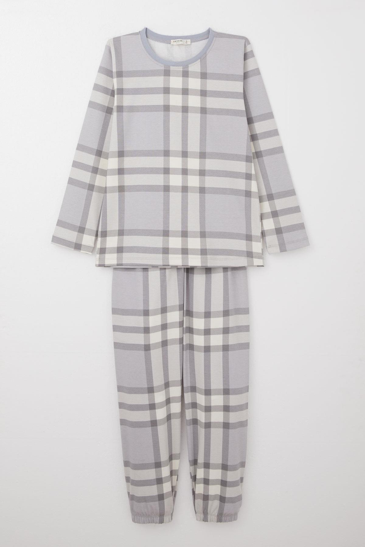 Breeze Erkek Çocuk Pijama Takımı Ekose Desenli Gri (9-12 Yaş)