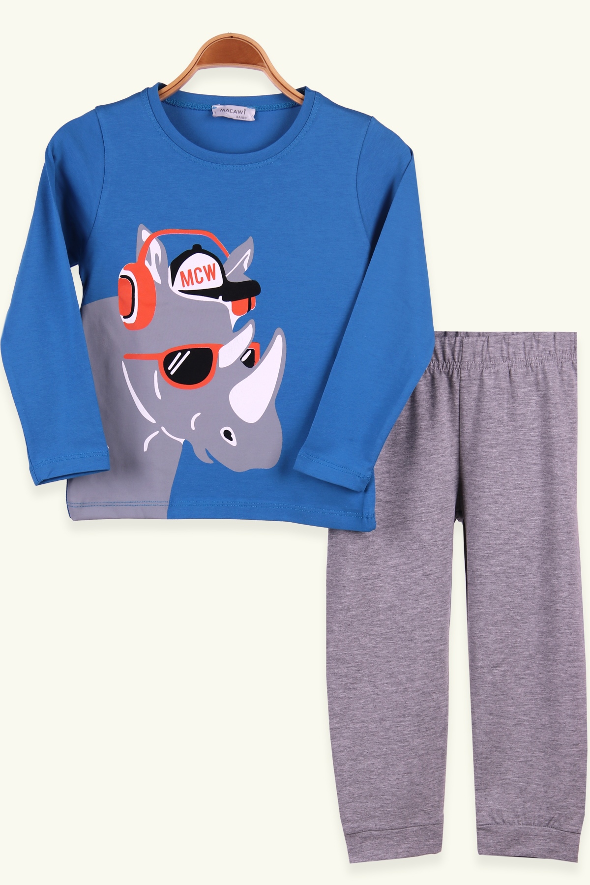 Breeze Erkek Çocuk Pijama Takımı Gergedan Baskılı Mavi (3-7 Yaş)