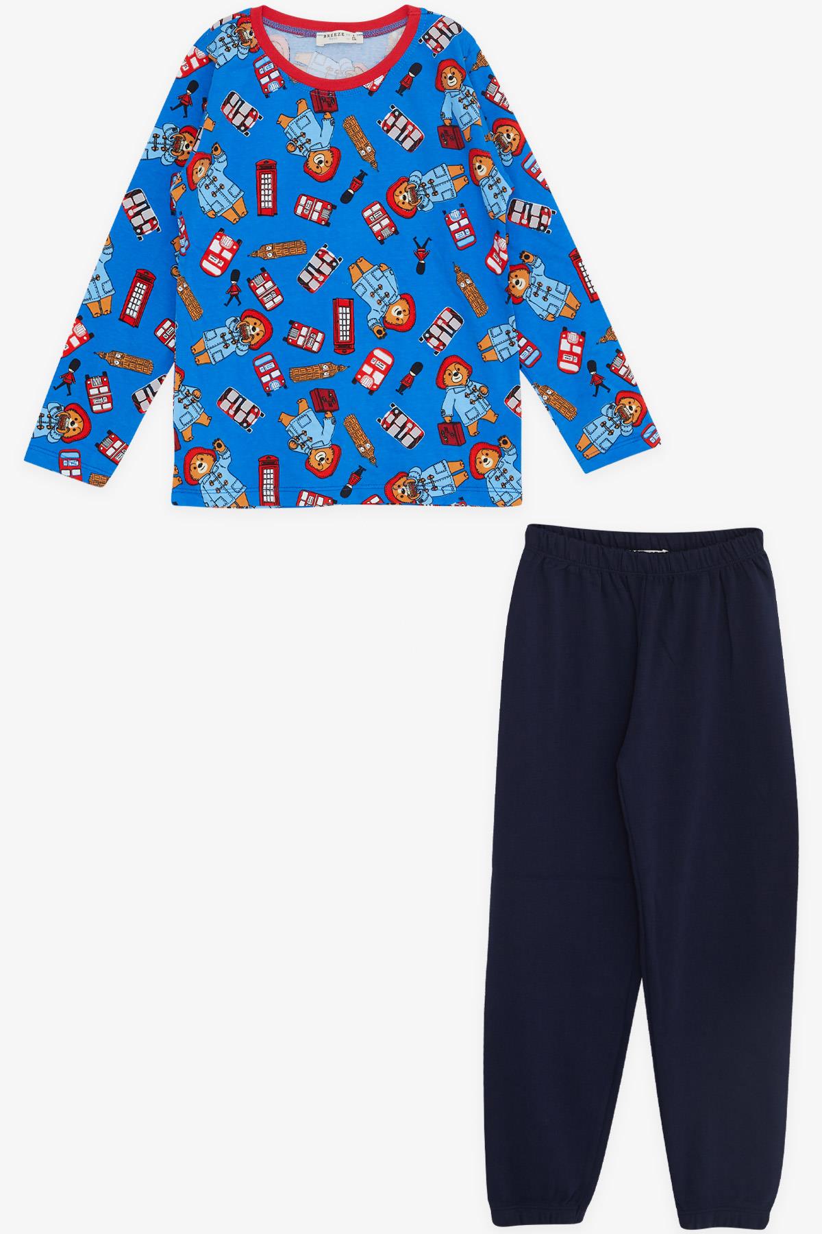 Breeze Erkek Çocuk Pijama Takımı Gezi Temalı Ayıcık Desenli Saks Mavisi (4-8 Yaş)