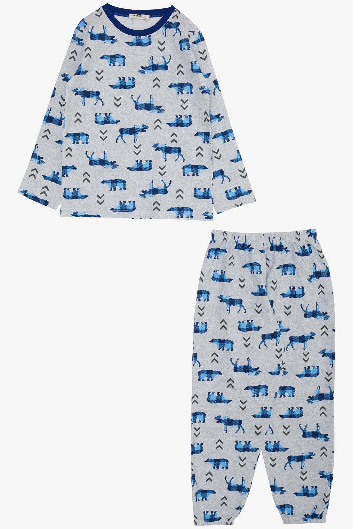 Breeze Erkek Çocuk Pijama Takımı Hayvancık Desenli Açık Gri Melanj (4-8 Yaş)