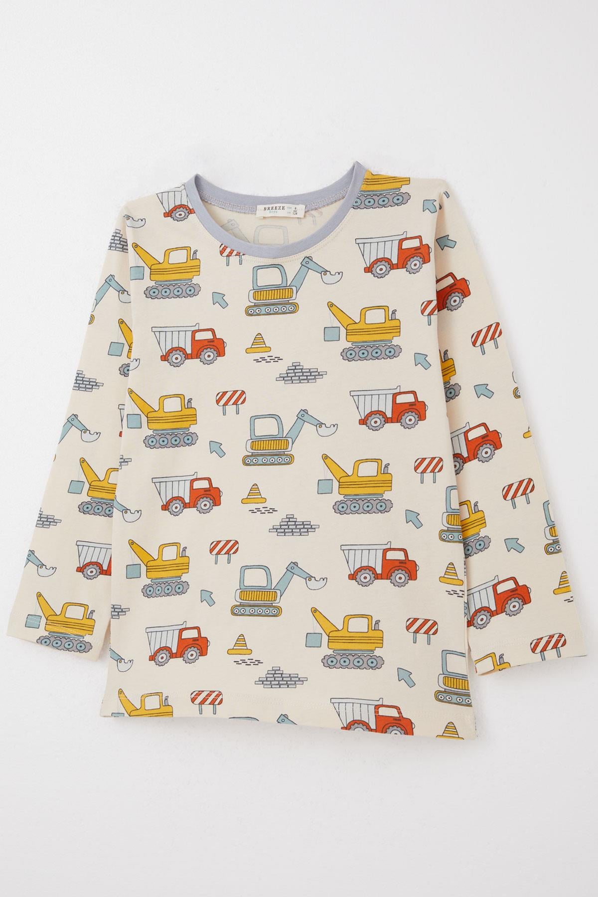 Breeze Erkek Çocuk Pijama Takımı İş Makineleri Desenli Krem (4-8 Yaş)