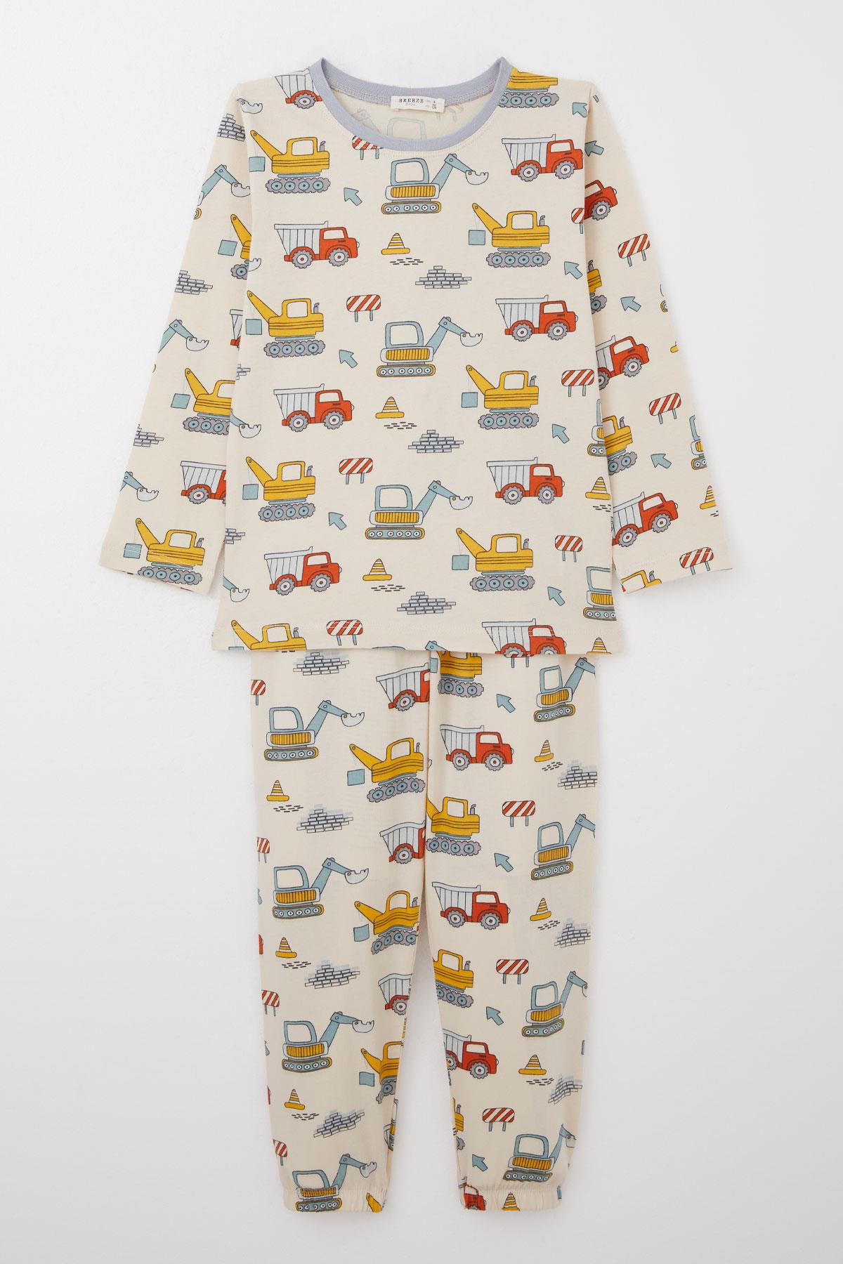 Breeze Erkek Çocuk Pijama Takımı İş Makineleri Desenli Krem (4-8 Yaş)