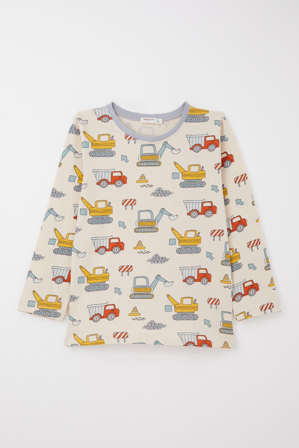 Breeze Erkek Çocuk Pijama Takımı İş Makineleri Desenli Krem (4-8 Yaş)