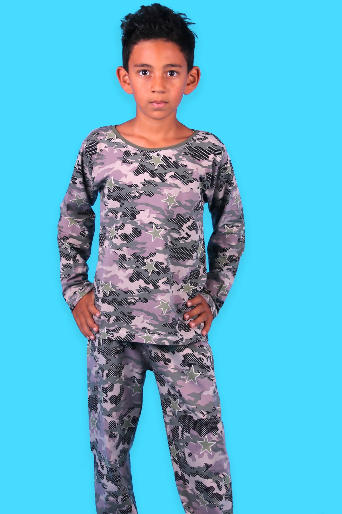 Breeze Erkek Çocuk Pijama Takımı Kamuflaj Desenli Haki Yeşil (7 Yaş)