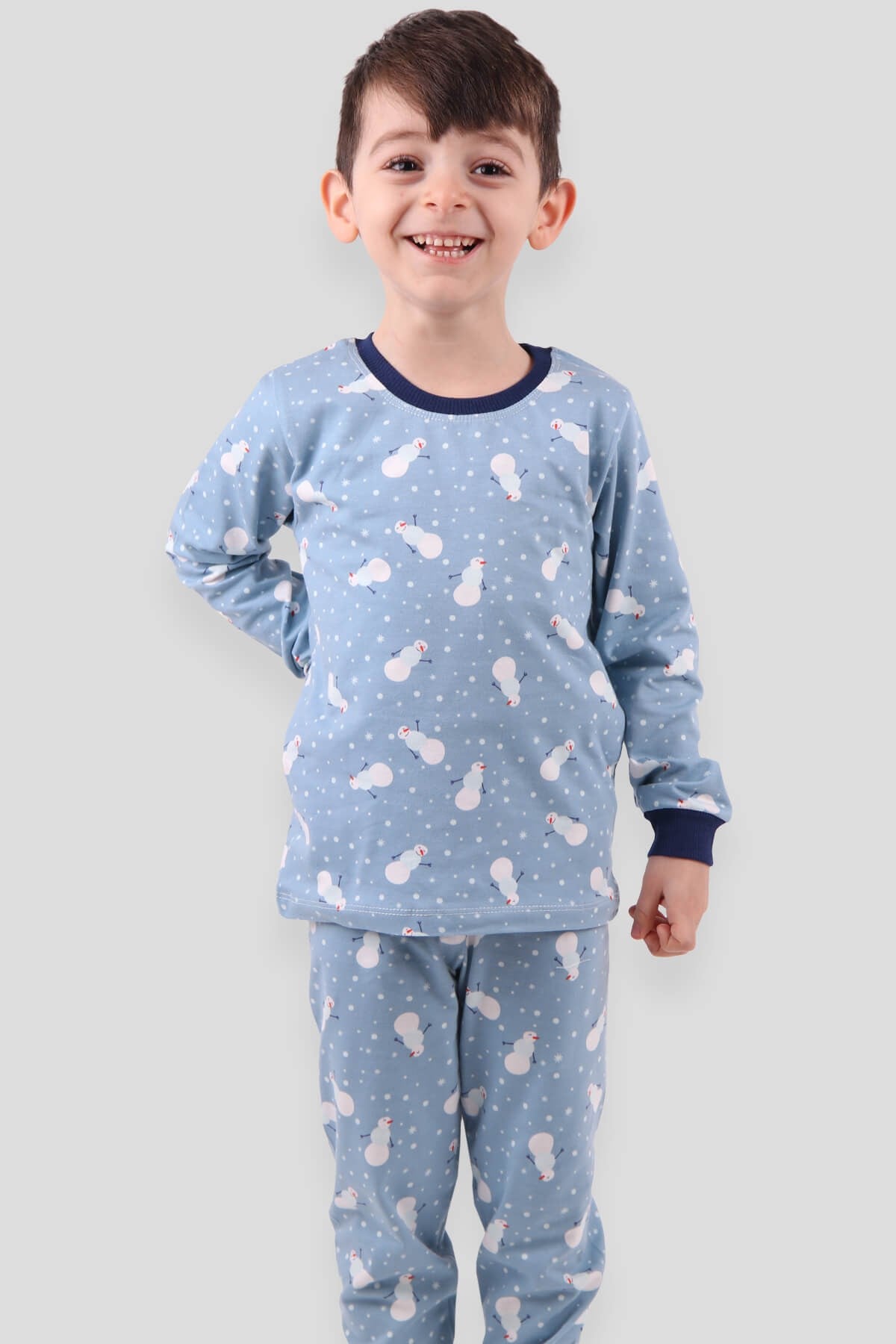 Breeze Erkek Çocuk Pijama Takımı Kardan Adam Desenli Mavi (1.5-5 Yaş)