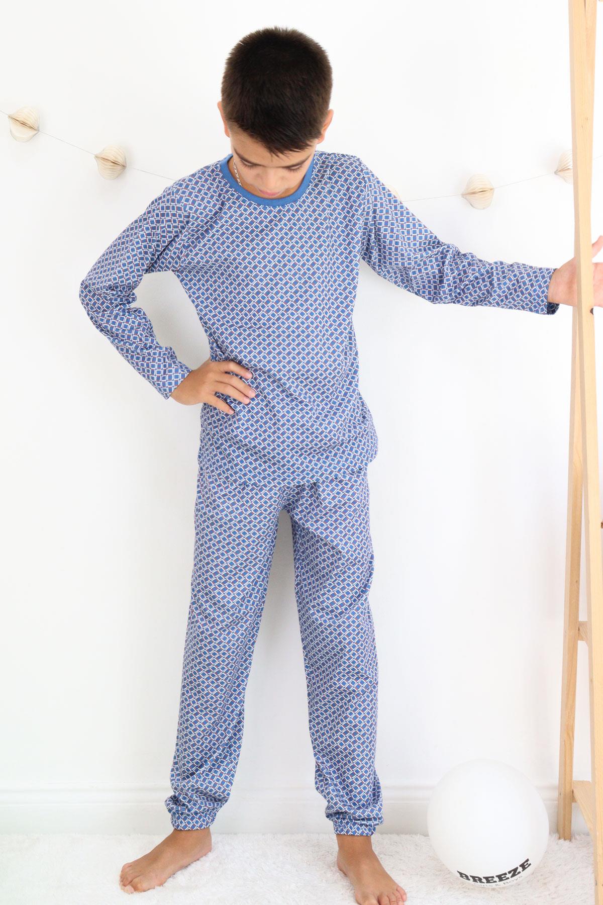 Breeze Erkek Çocuk Pijama Takımı Kare Desenli Mavi (9-12 Yaş)