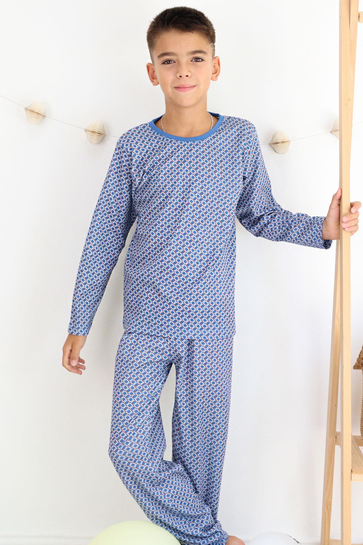 Breeze Erkek Çocuk Pijama Takımı Kare Desenli Mavi (9-12 Yaş)