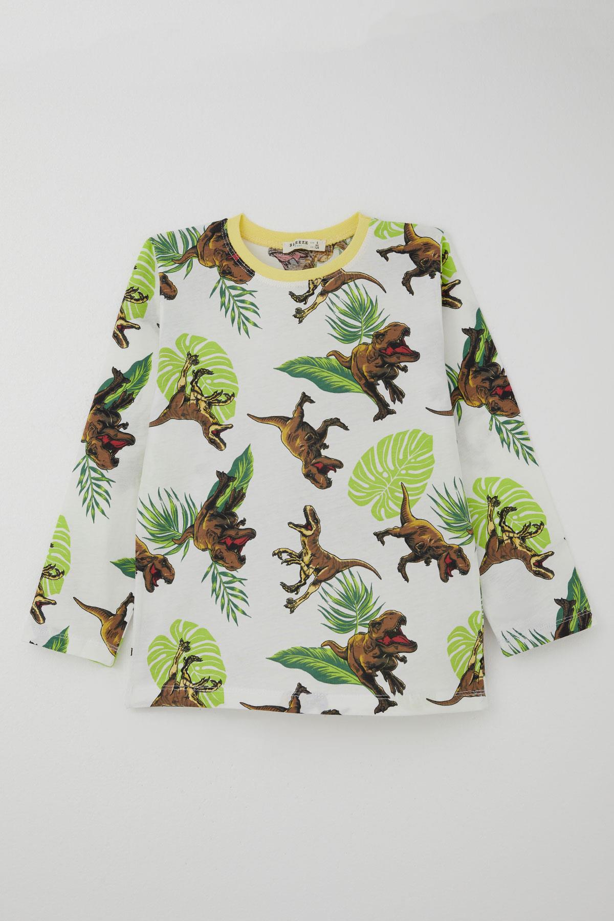 Breeze Erkek Çocuk Pijama Takımı Kükreyen Orman Dinozoru Beyaz (4-8 Yaş)