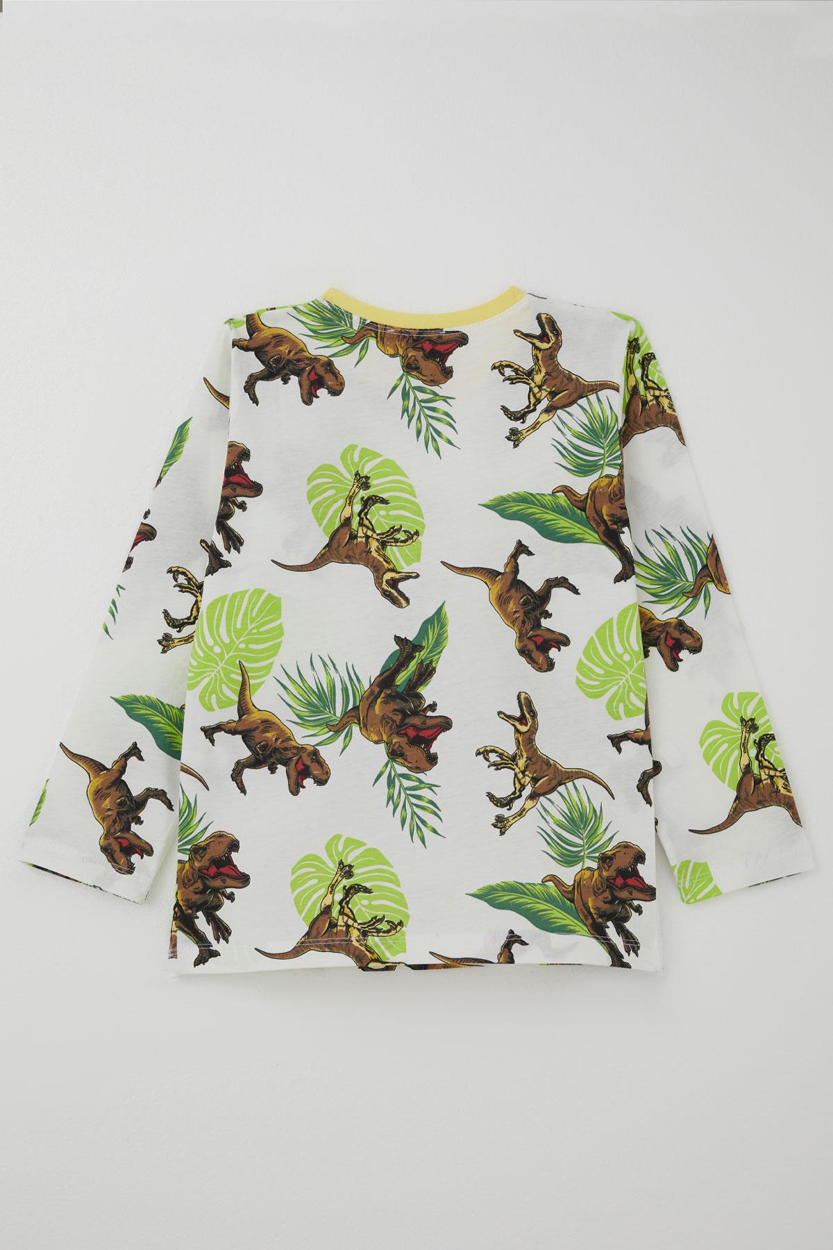 Breeze Erkek Çocuk Pijama Takımı Kükreyen Orman Dinozoru Beyaz (4-8 Yaş)