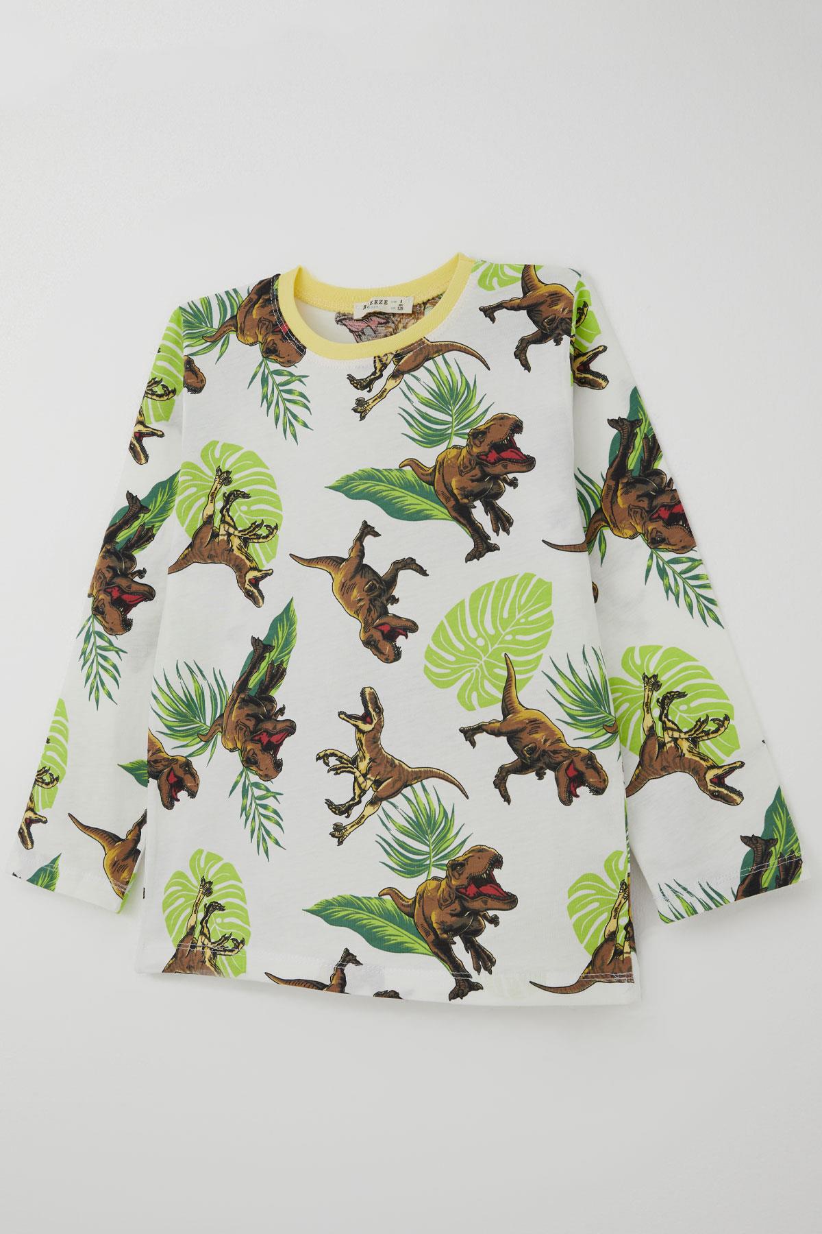 Breeze Erkek Çocuk Pijama Takımı Kükreyen Orman Dinozoru Beyaz (4-8 Yaş)