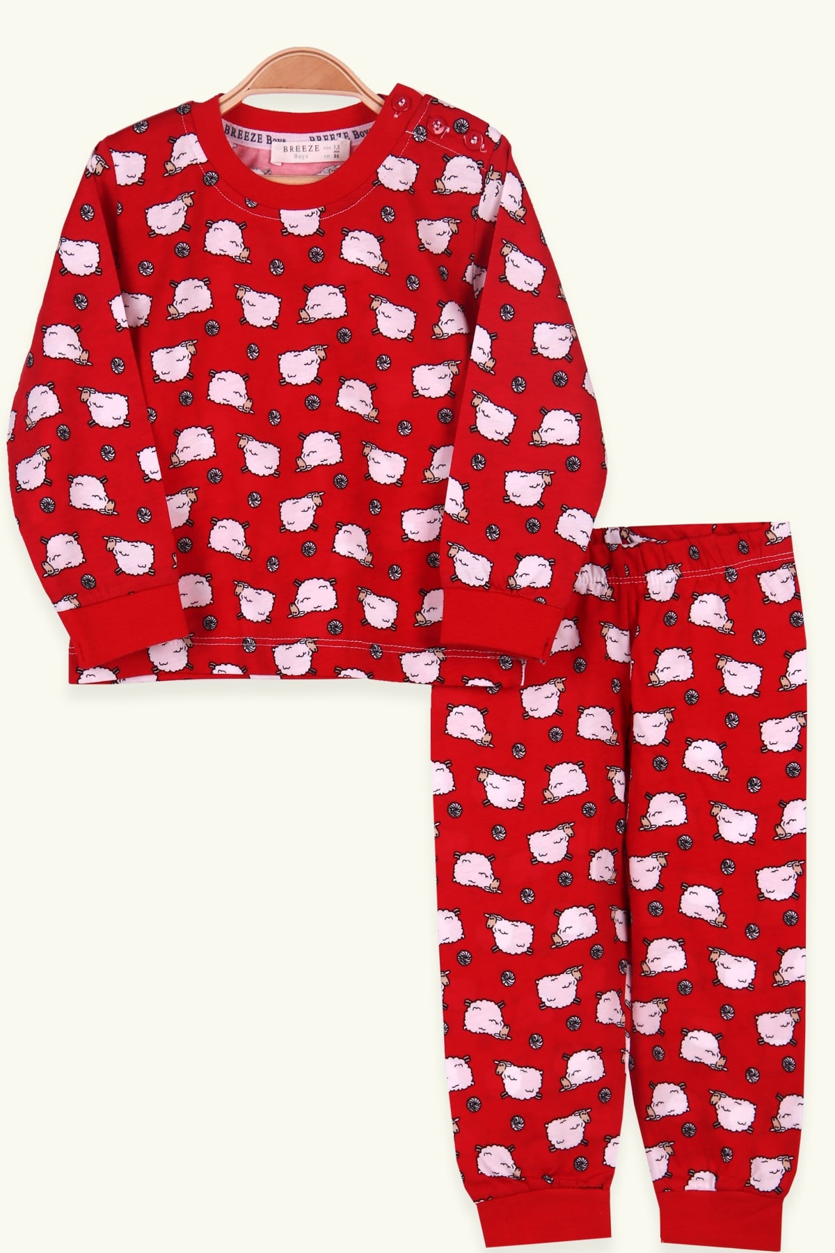 Breeze Erkek Çocuk Pijama Takımı Kuzucuk Desenli Kırmızı (1.5-5 Yaş)