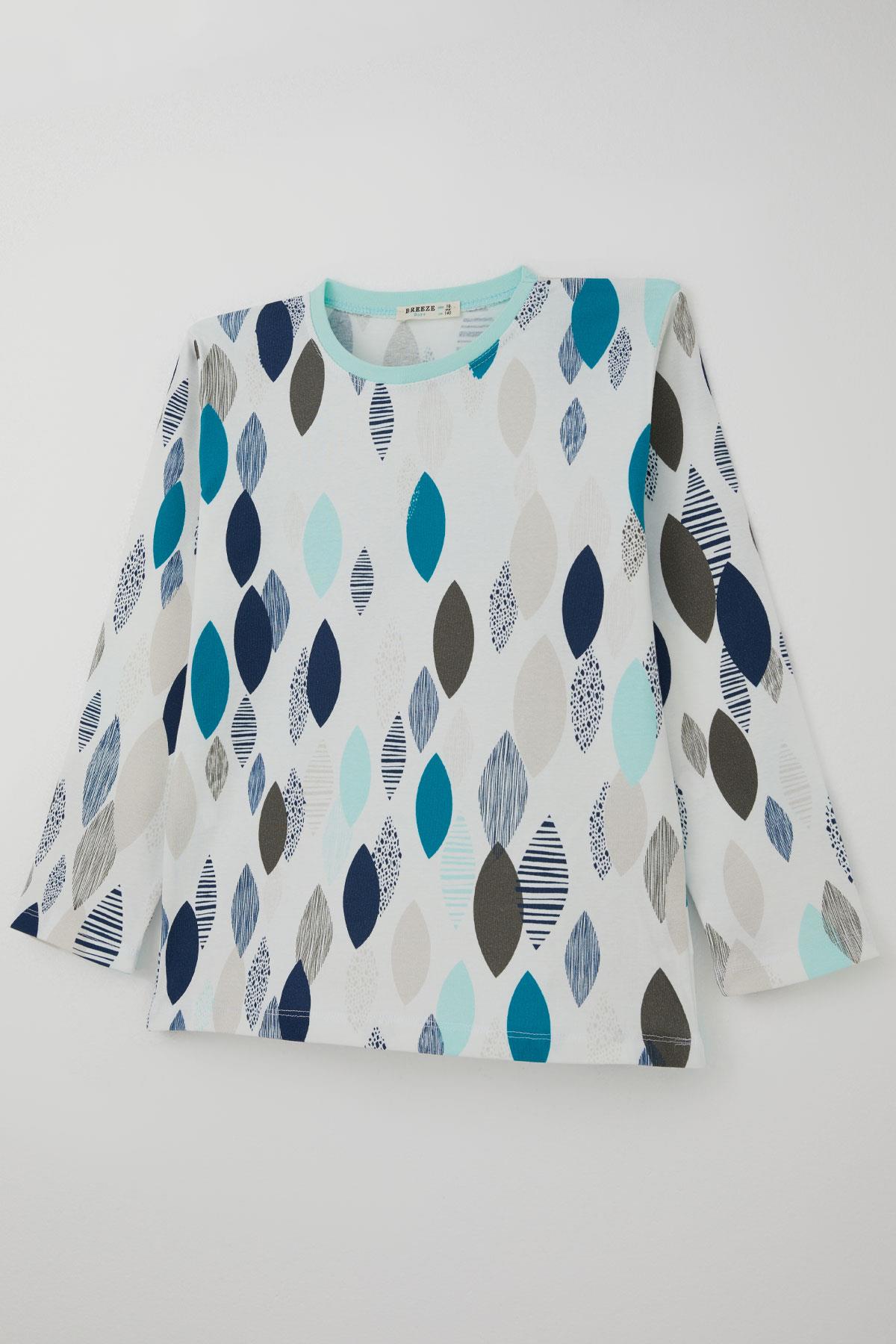 Breeze Erkek Çocuk Pijama Takımı Mavi Rüya Yaprak Desenli Beyaz (9-12 Yaş)