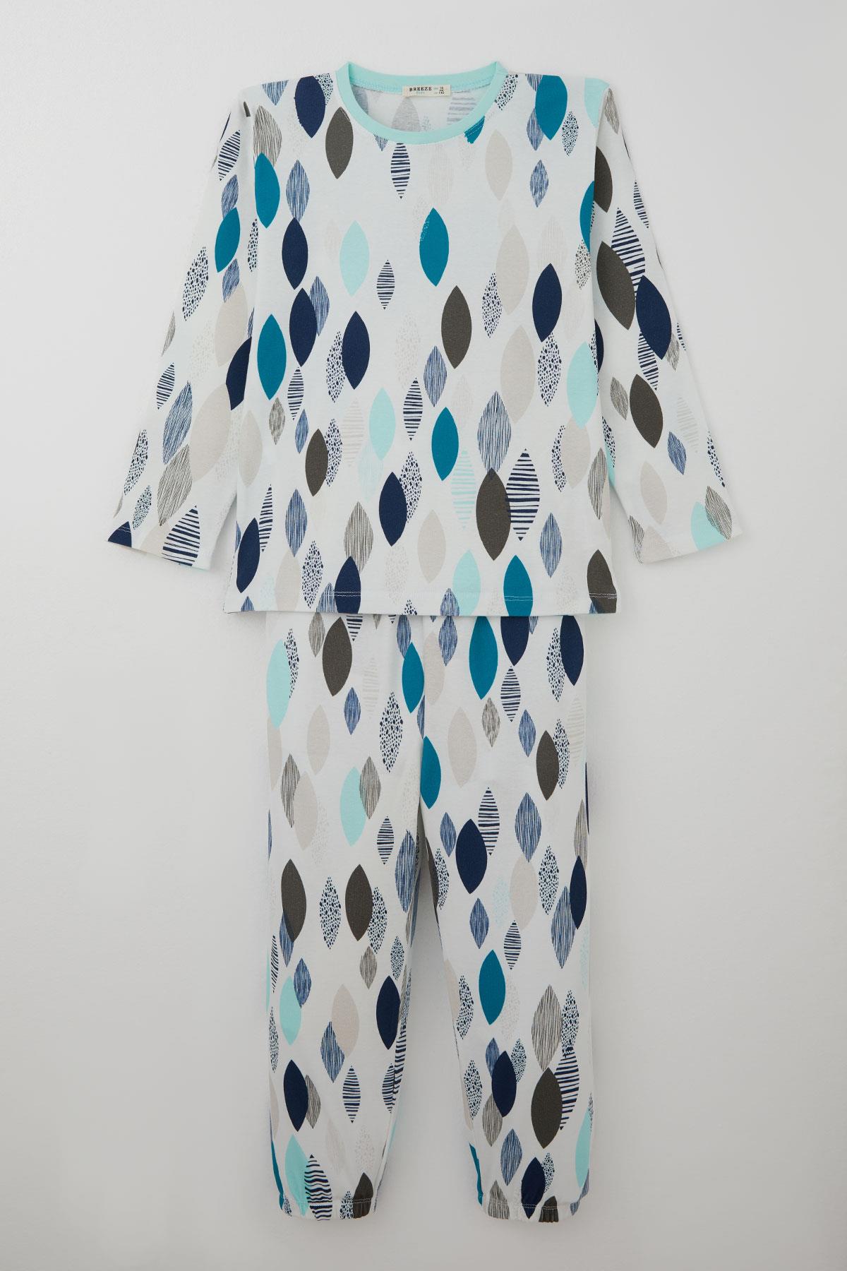 Breeze Erkek Çocuk Pijama Takımı Mavi Rüya Yaprak Desenli Beyaz (9-12 Yaş)