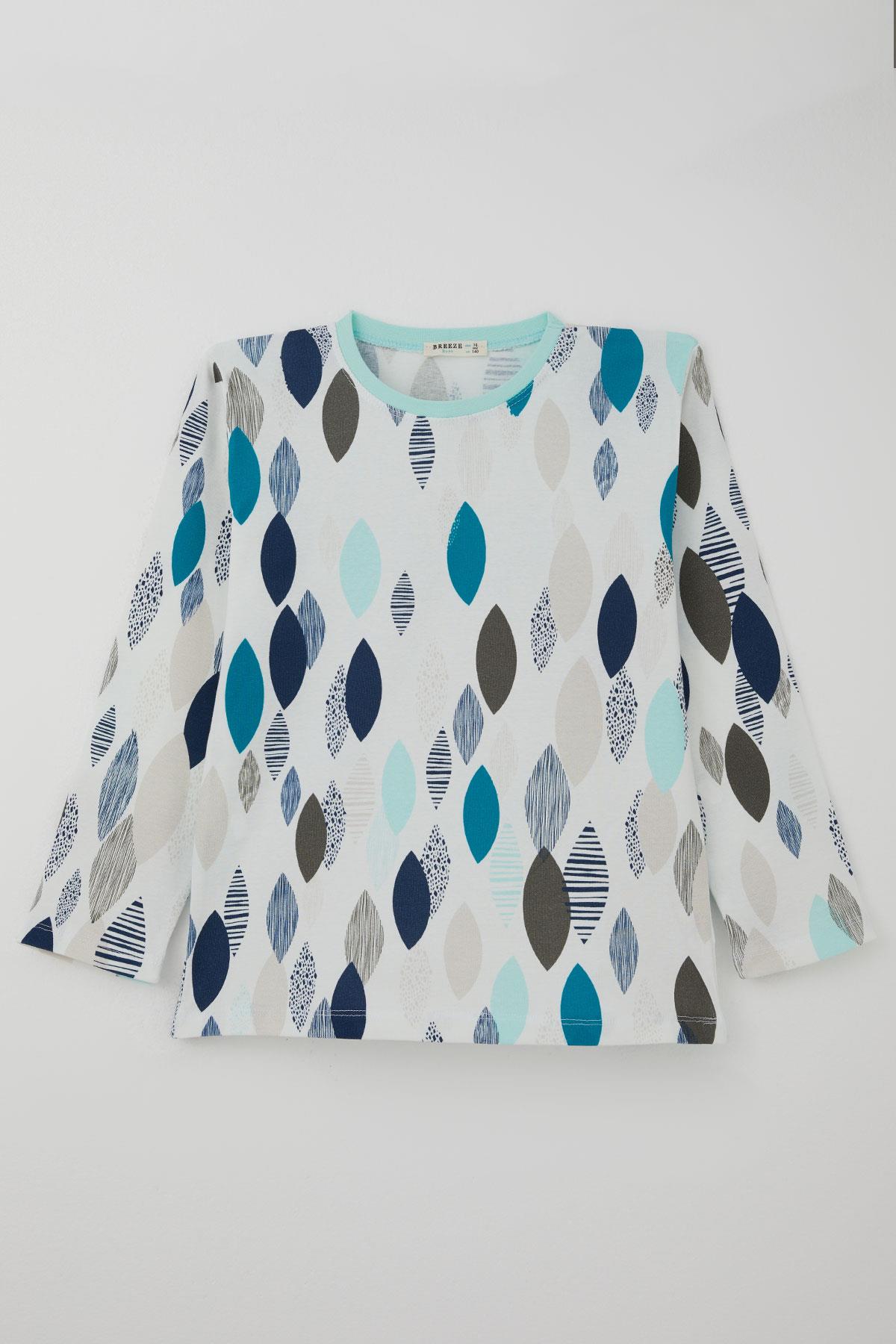 Breeze Erkek Çocuk Pijama Takımı Mavi Rüya Yaprak Desenli Beyaz (9-12 Yaş)