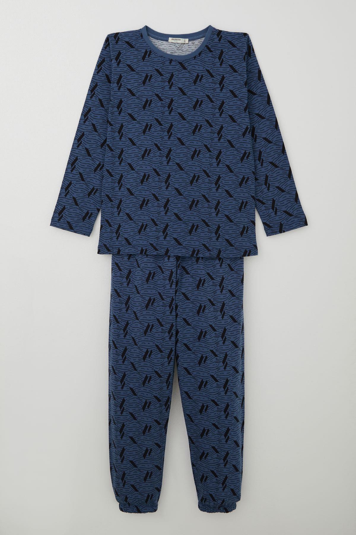 Breeze Erkek Çocuk Pijama Takımı Okyanus Çizgisi Dalga Desenli İndigo (9-12 Yaş)
