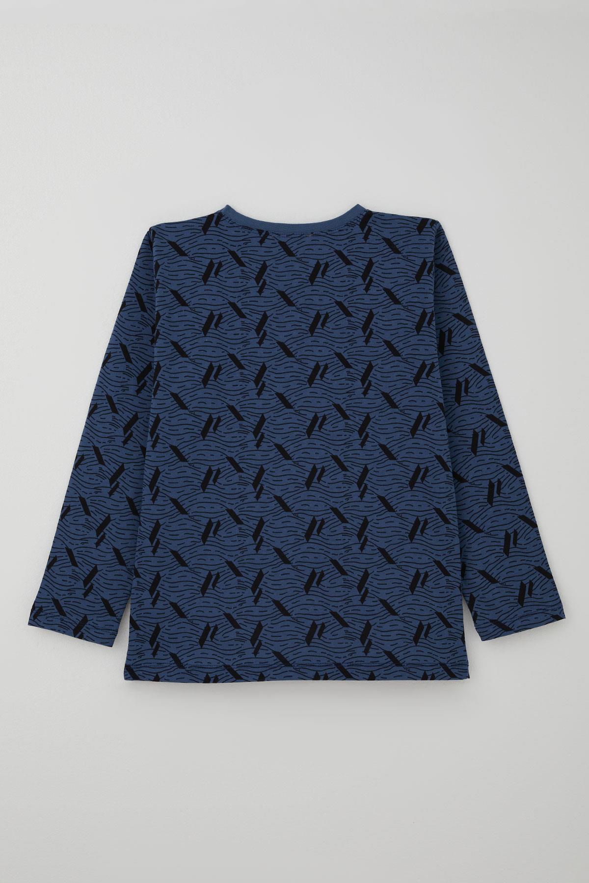 Breeze Erkek Çocuk Pijama Takımı Okyanus Çizgisi Dalga Desenli İndigo (9-12 Yaş)