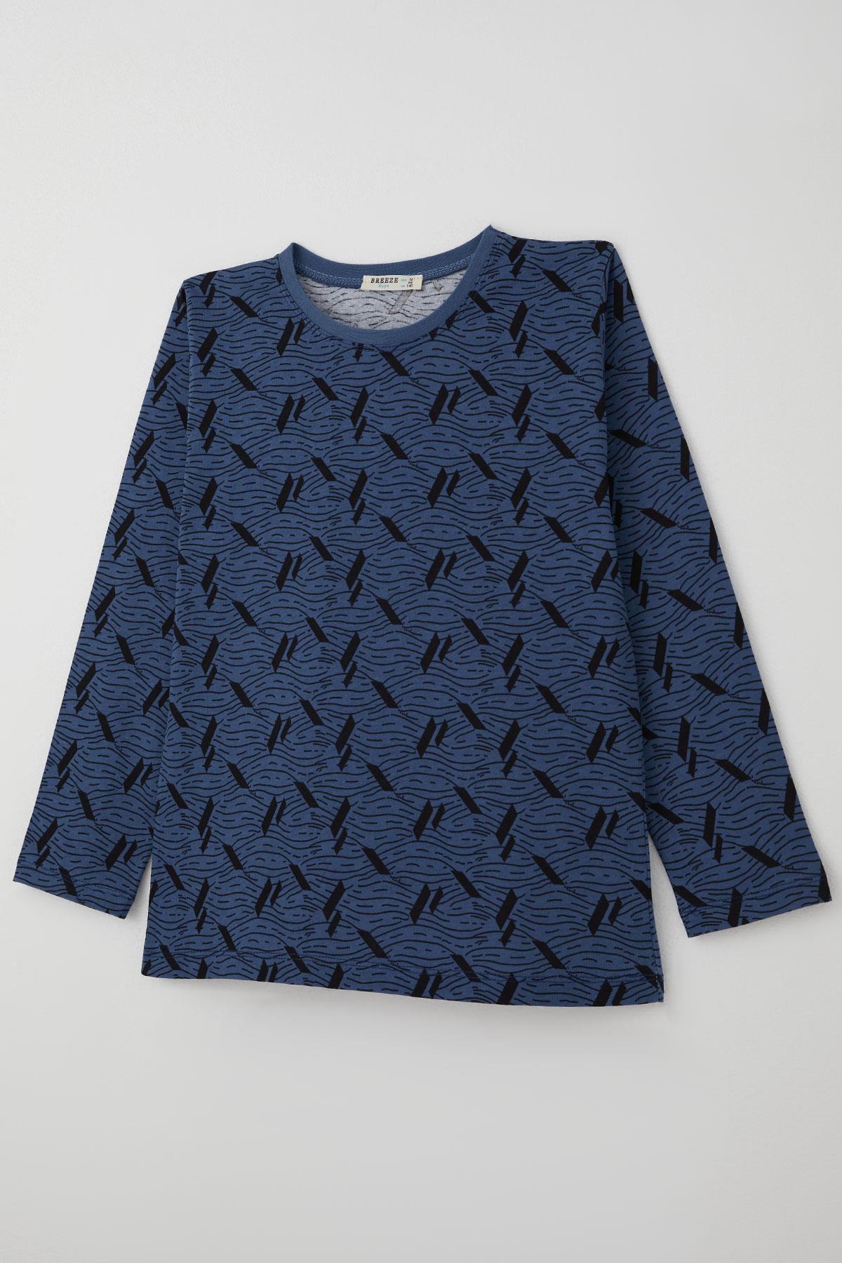 Breeze Erkek Çocuk Pijama Takımı Okyanus Çizgisi Dalga Desenli İndigo (9-12 Yaş)