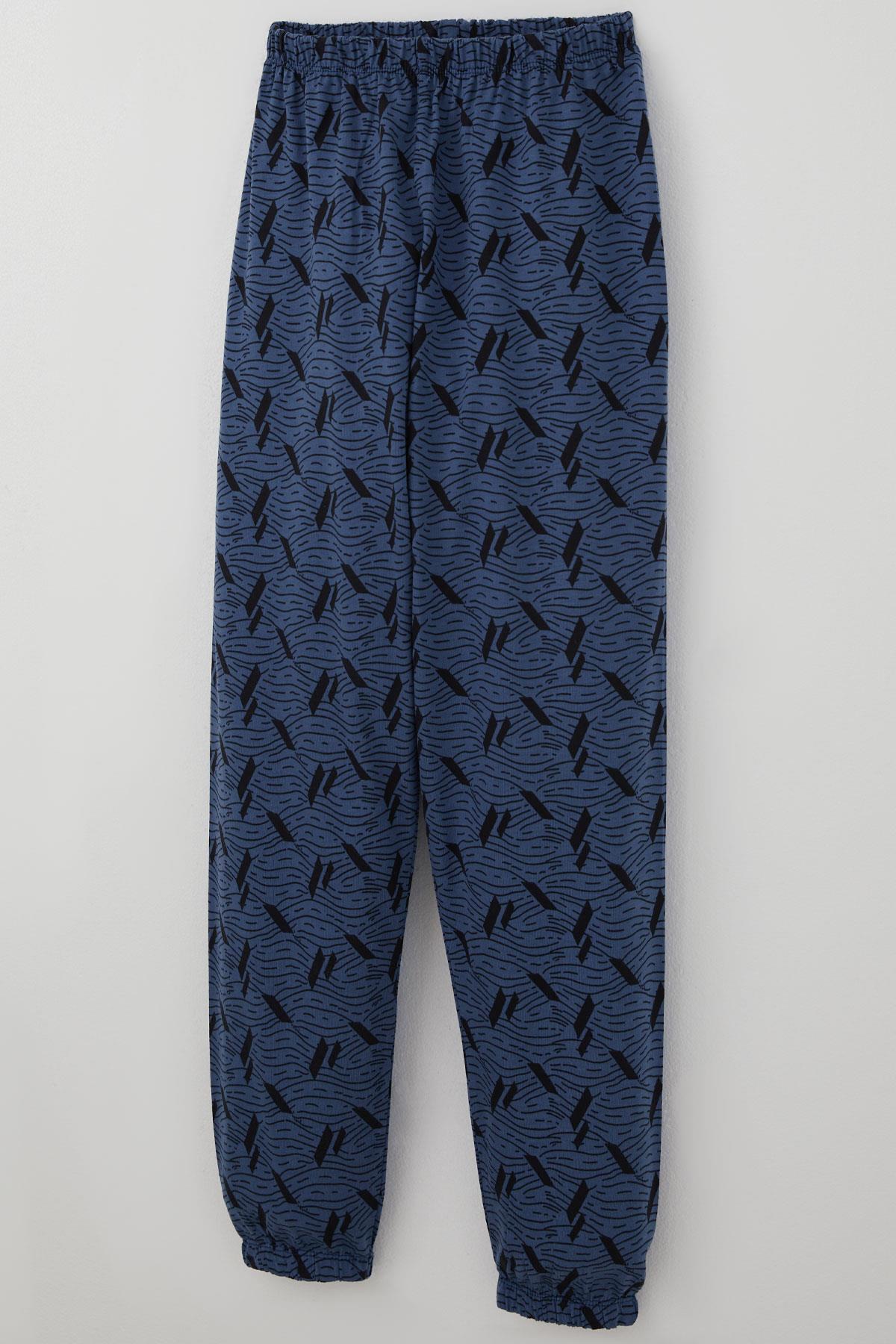 Breeze Erkek Çocuk Pijama Takımı Okyanus Çizgisi Dalga Desenli İndigo (9-12 Yaş)
