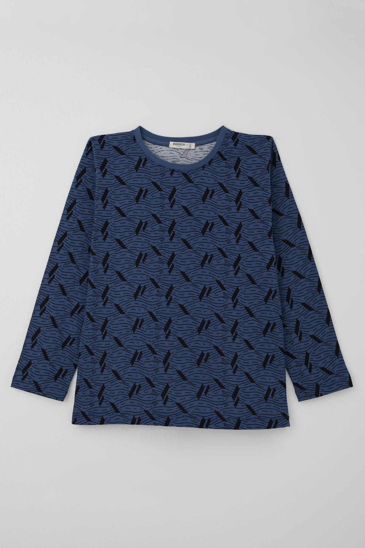 Breeze Erkek Çocuk Pijama Takımı Okyanus Çizgisi Dalga Desenli İndigo (9-12 Yaş)