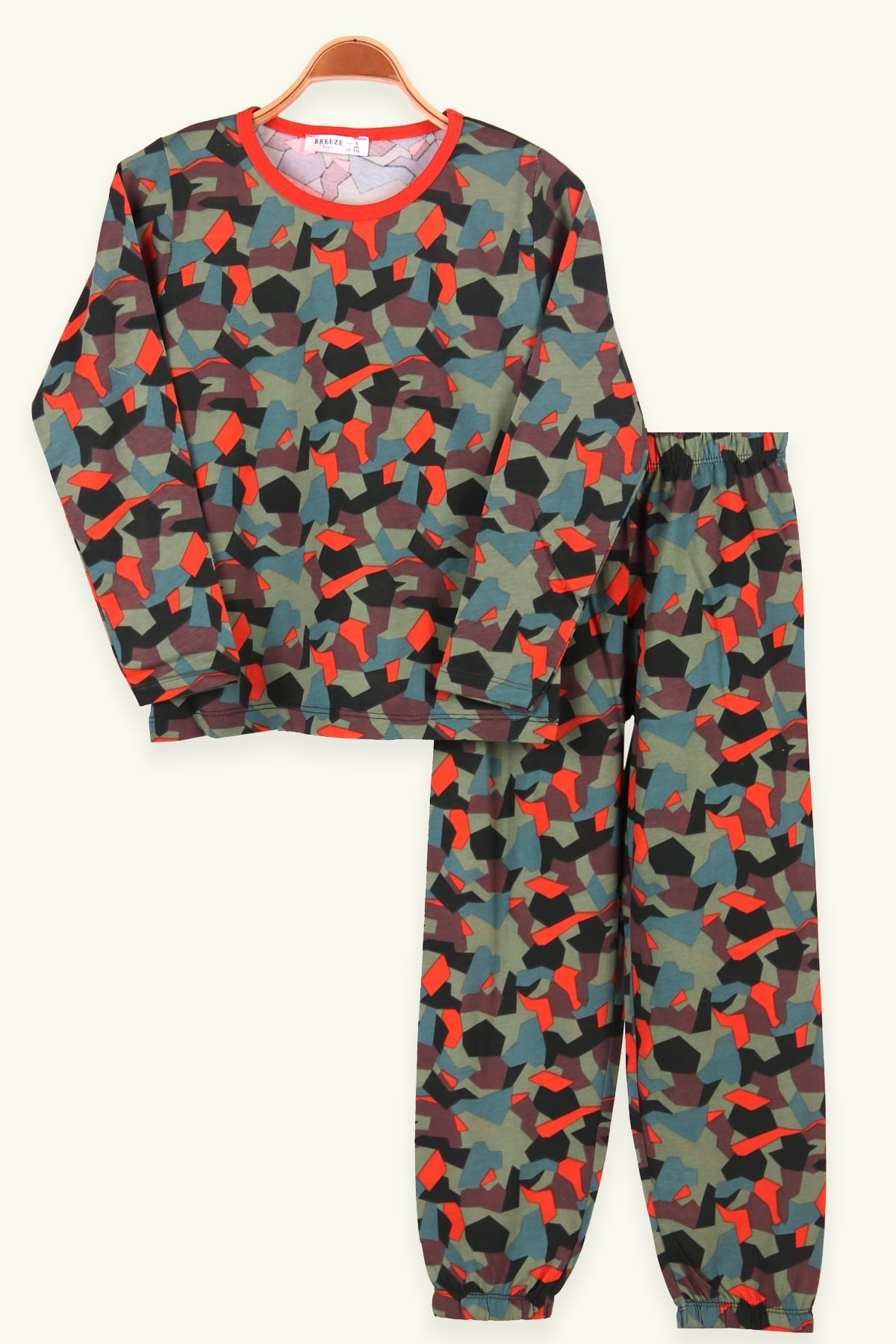 Breeze Erkek Çocuk Pijama Takımı Origami Desenli Koyu Yeşil (6-10 Yaş)