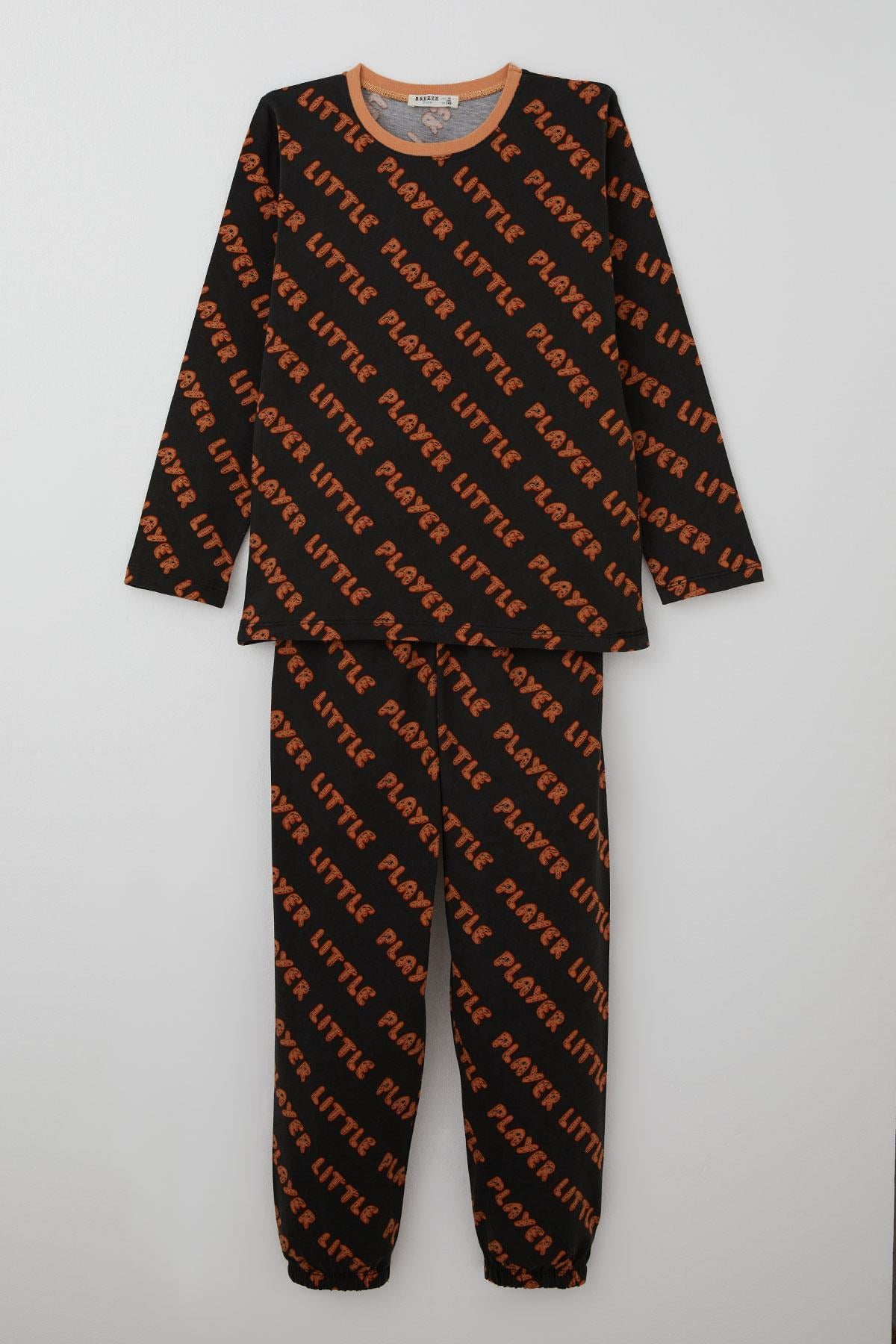 Breeze Erkek Çocuk Pijama Takımı Oyun Zamanı Küçük Oyuncu Yazılı Koyu Kahve (9-11 Yaş)