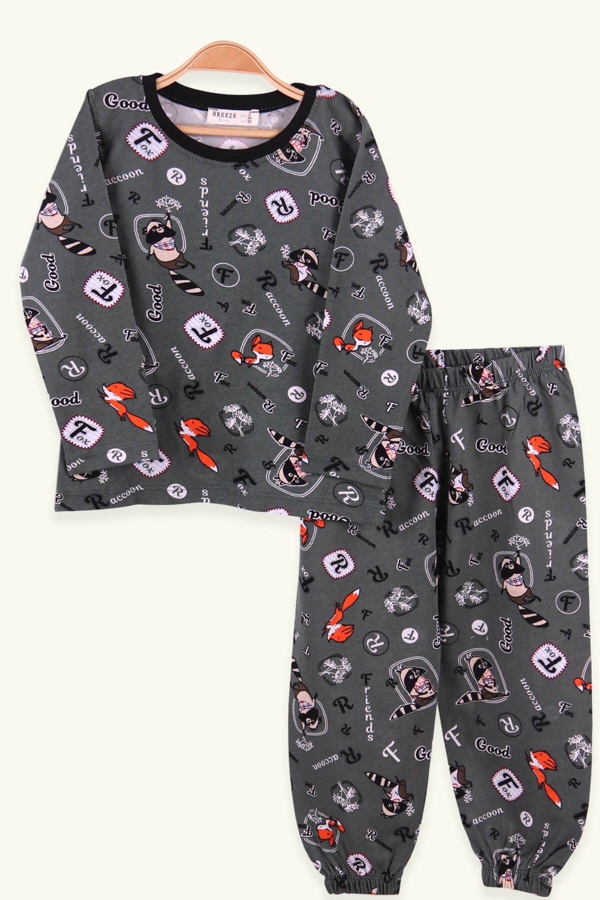Breeze Erkek Çocuk Pijama Takımı Rakun Desenli Haki Yeşil (2-6 Yaş)