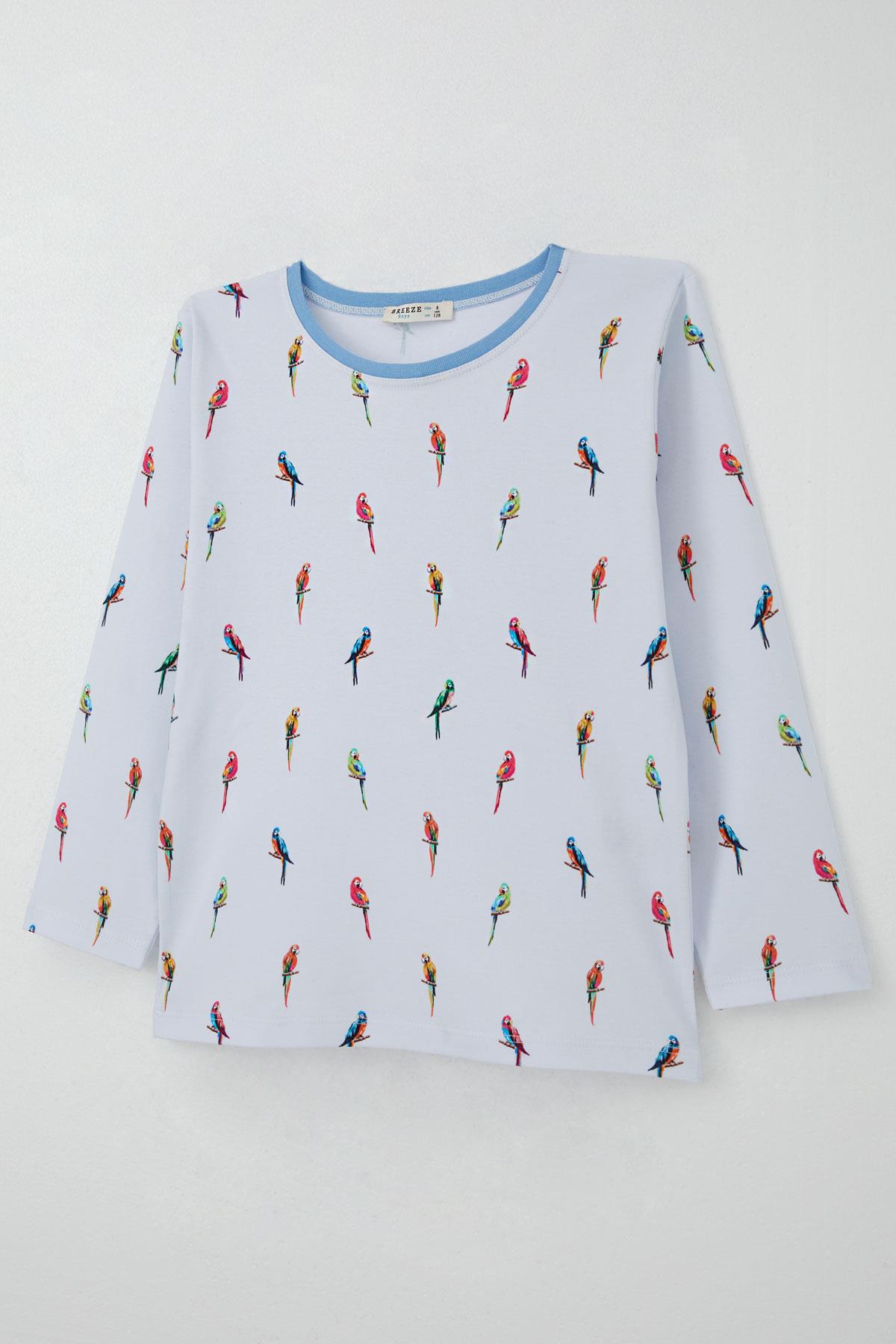 Breeze Erkek Çocuk Pijama Takımı Renkli Papağan Desenli Buz Mavisi (4-8 Yaş)