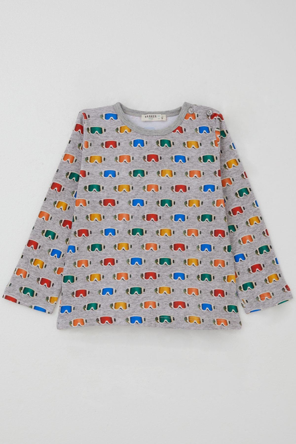 Breeze Erkek Çocuk Pijama Takımı Renkli Kayakçı Gözlüğü Desenli Gri Melanj (1-2 Yaş)
