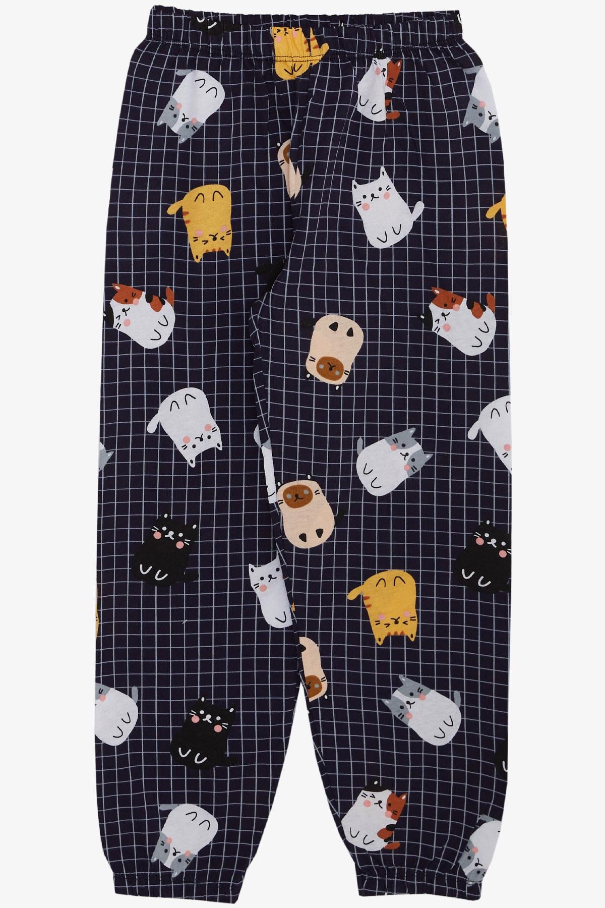 Breeze Erkek Çocuk Pijama Takımı Renkli Kedicik & Kare Desenli Lacivert (4-8 Yaş)
