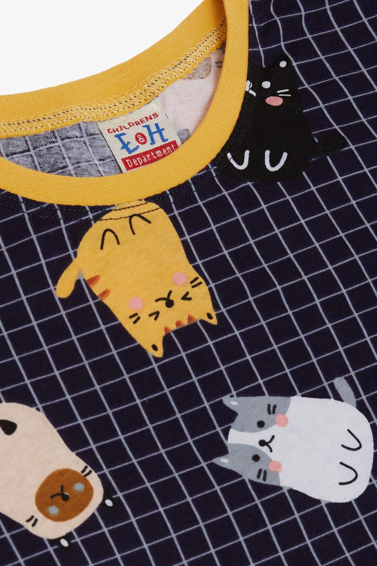 Breeze Erkek Çocuk Pijama Takımı Renkli Kedicik & Kare Desenli Lacivert (4-8 Yaş)