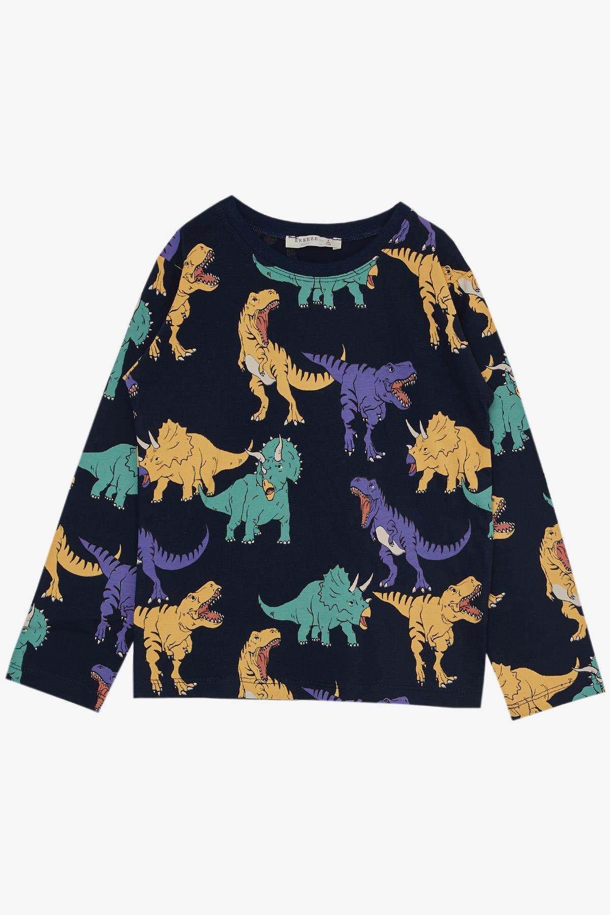 Breeze Erkek Çocuk Pijama Takımı Renkli Dinozor Desenli Lacivert (4-8 Yaş)