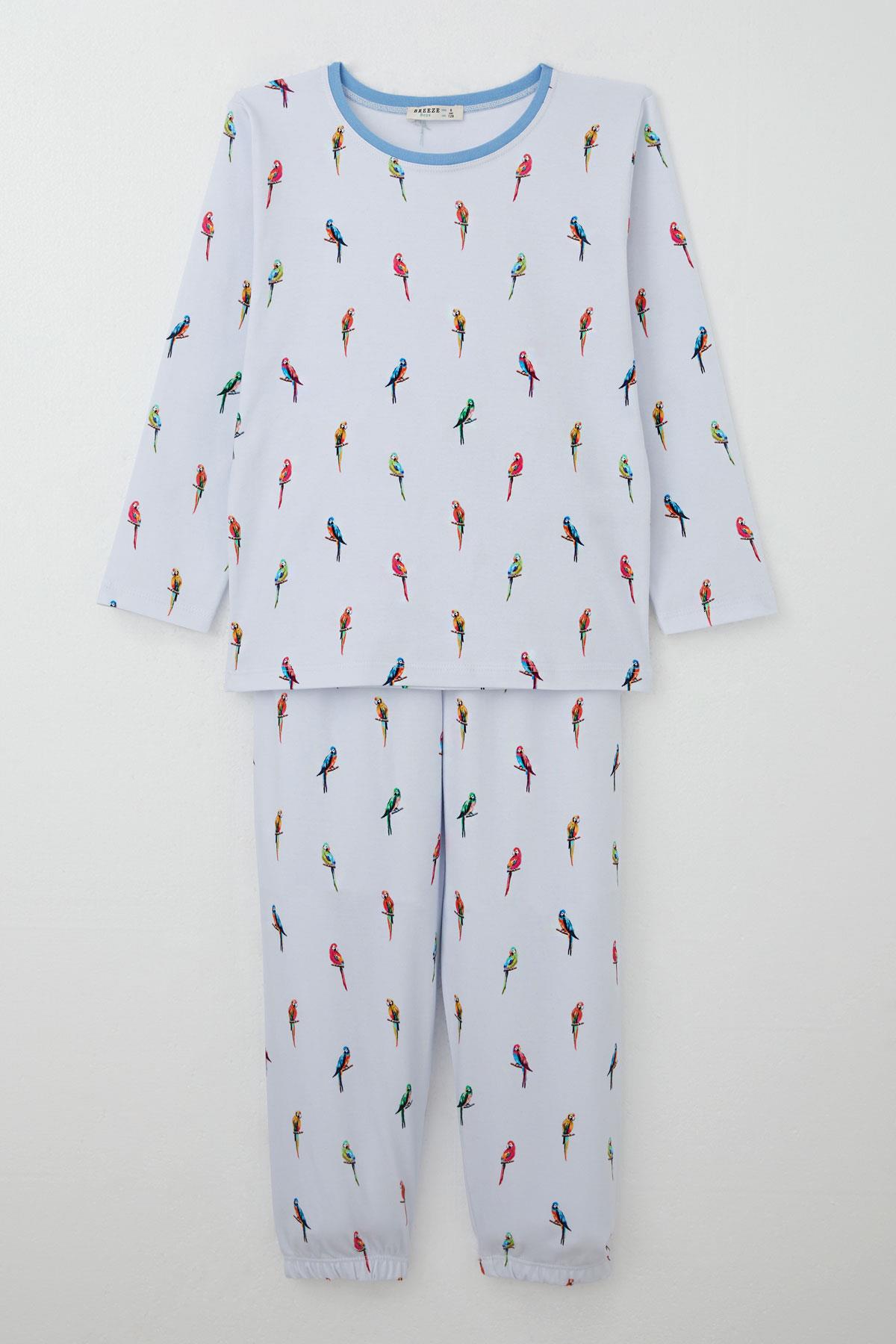 Breeze Erkek Çocuk Pijama Takımı Renkli Papağan Desenli Buz Mavisi (4-8 Yaş)