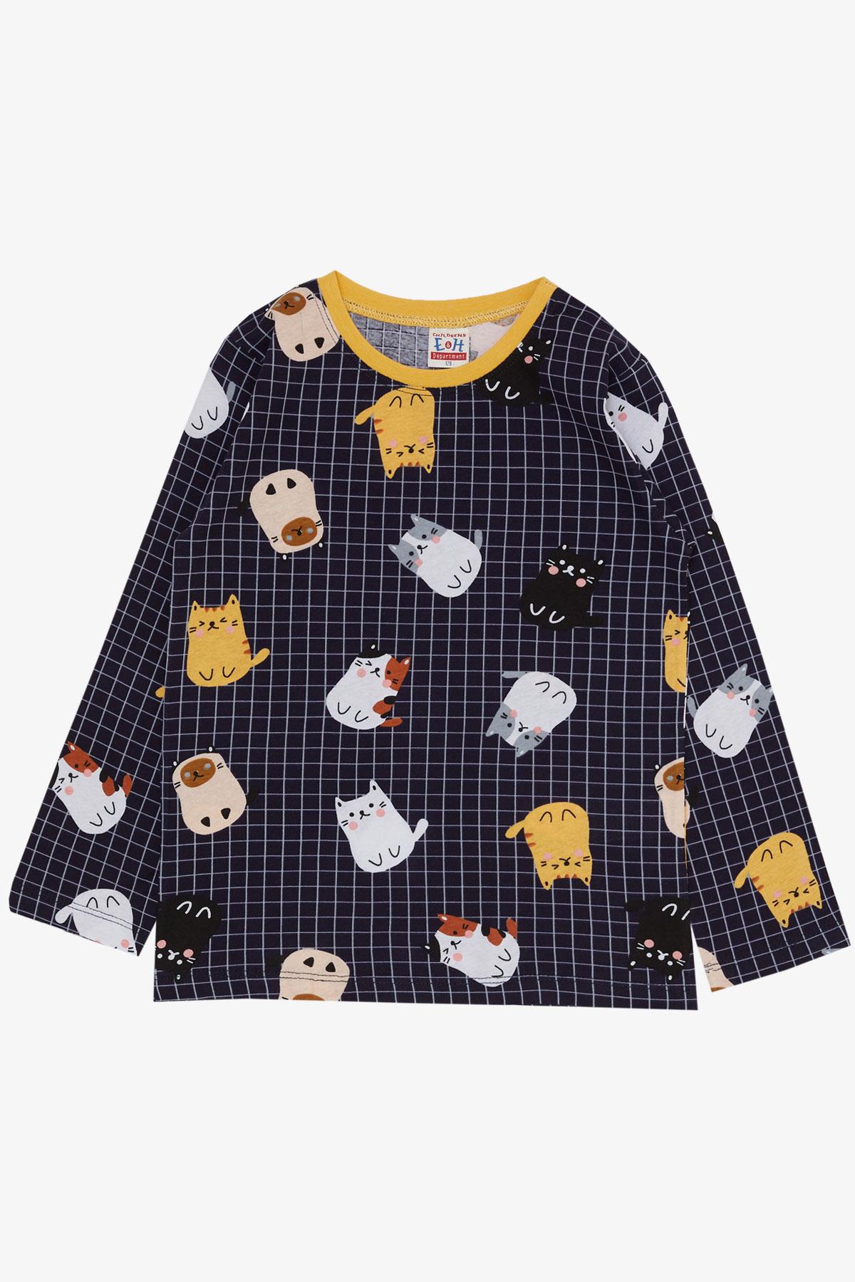 Breeze Erkek Çocuk Pijama Takımı Renkli Kedicik & Kare Desenli Lacivert (4-8 Yaş)