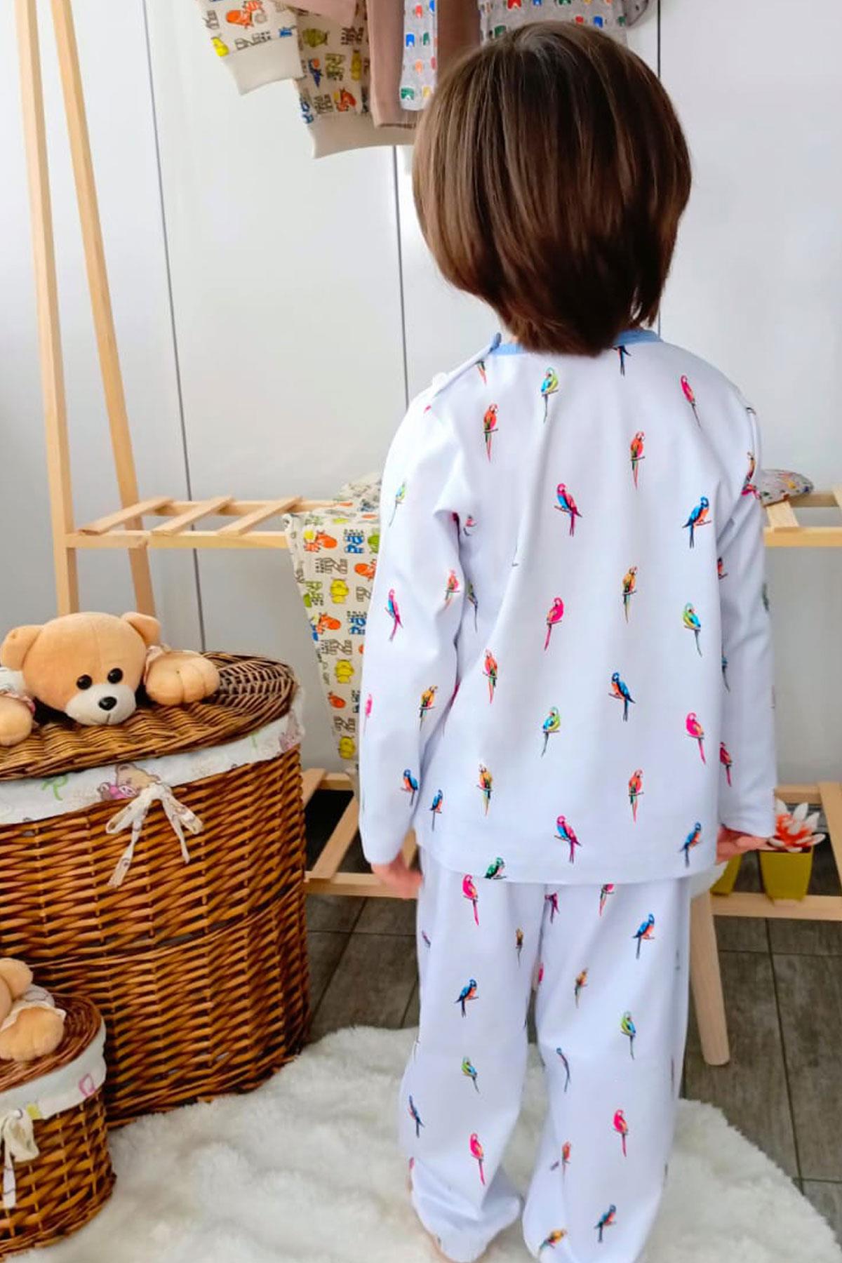 Breeze Erkek Çocuk Pijama Takımı Renkli Papağan Desenli Buz Mavisi (1-2 Yaş)