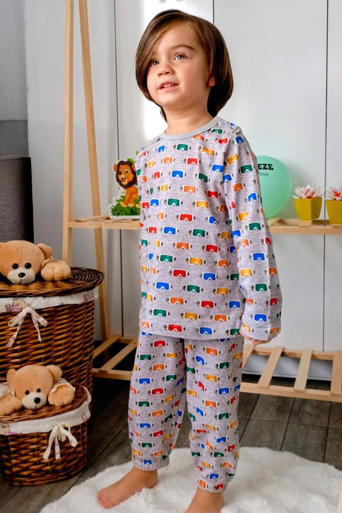 Breeze Erkek Çocuk Pijama Takımı Renkli Kayakçı Gözlüğü Desenli Gri Melanj (1-2 Yaş)